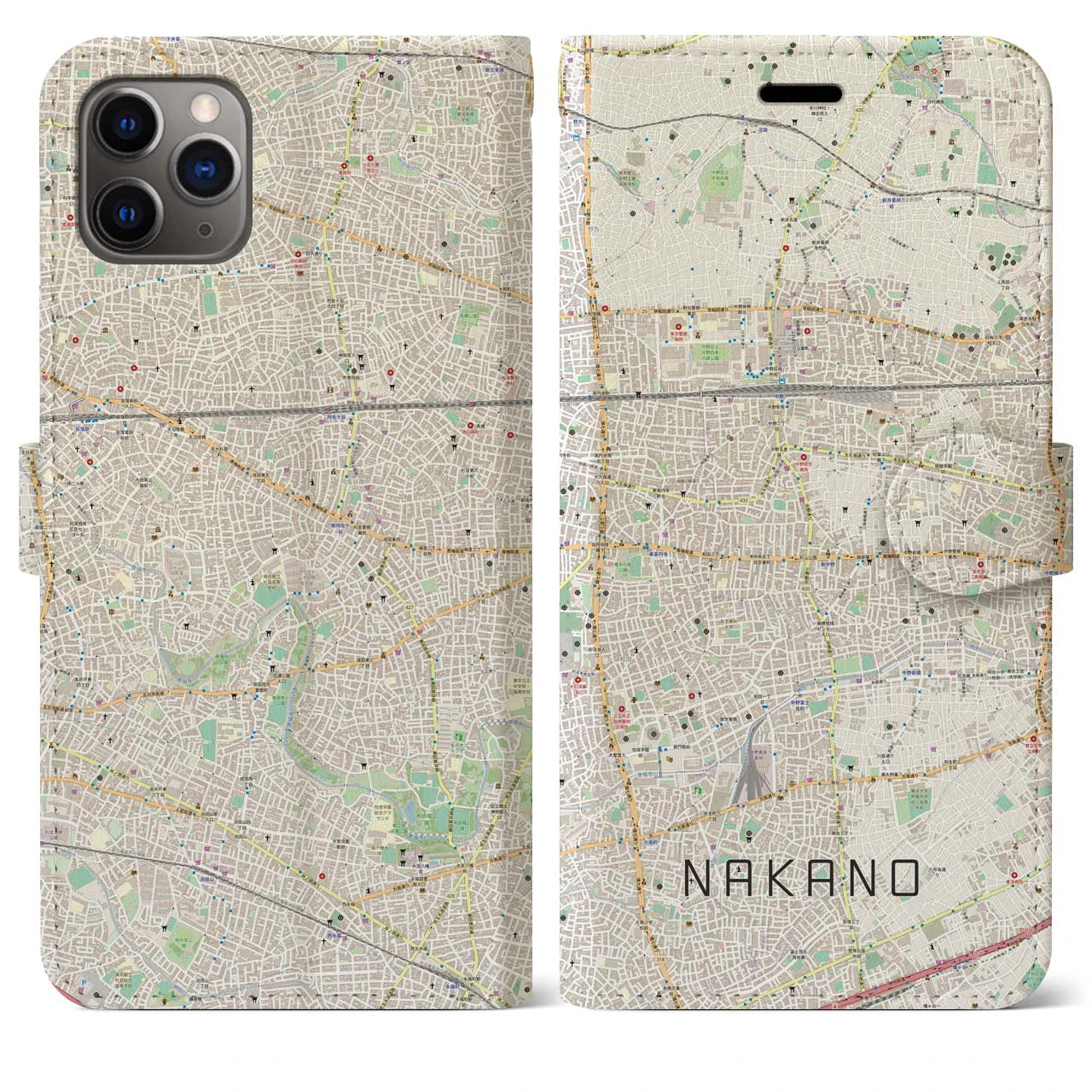 【中野(東京都)】地図柄iPhoneケース(手帳タイプ)ナチュラル・iPhone 11 Pro Max 用