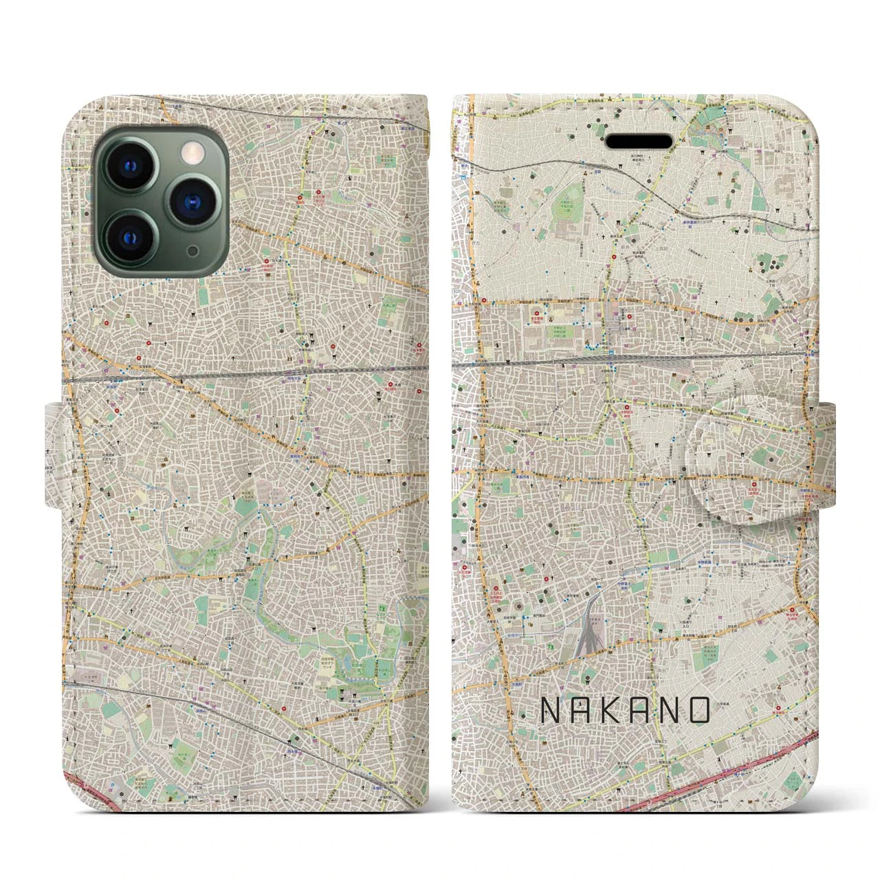 【中野(東京都)】地図柄iPhoneケース(手帳タイプ)ナチュラル・iPhone 11 Pro 用