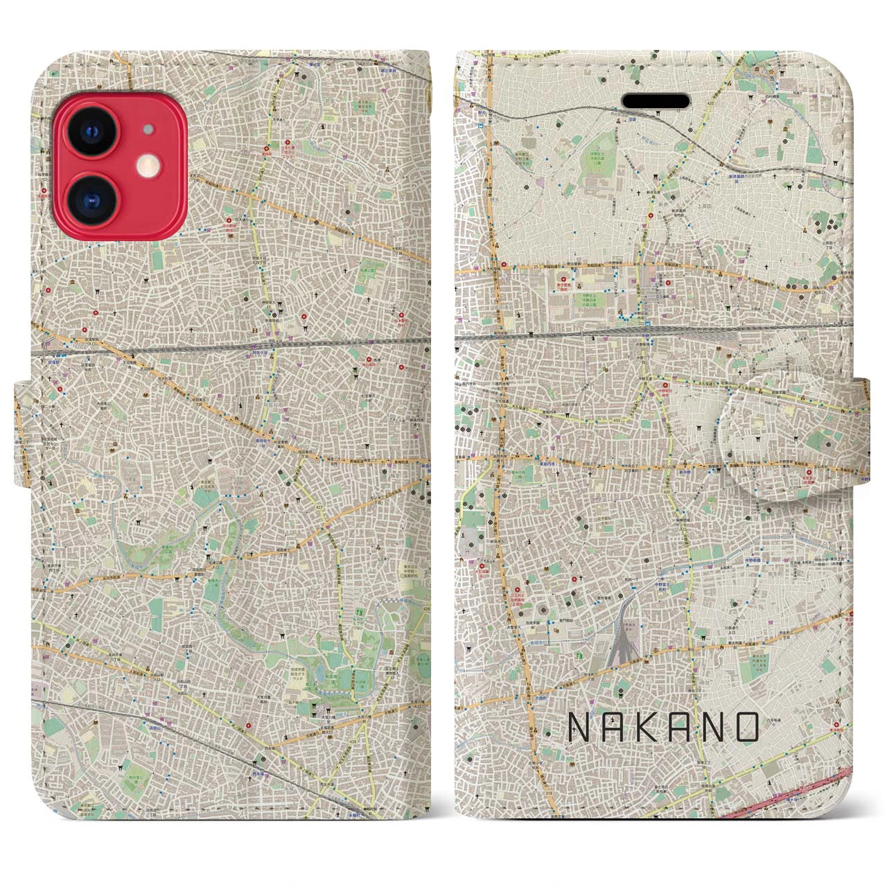 【中野(東京都)】地図柄iPhoneケース(手帳タイプ)ナチュラル・iPhone 11 用