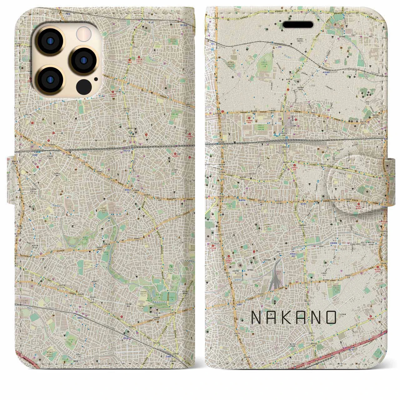 【中野(東京都)】地図柄iPhoneケース(手帳タイプ)ナチュラル・iPhone 12 Pro Max 用