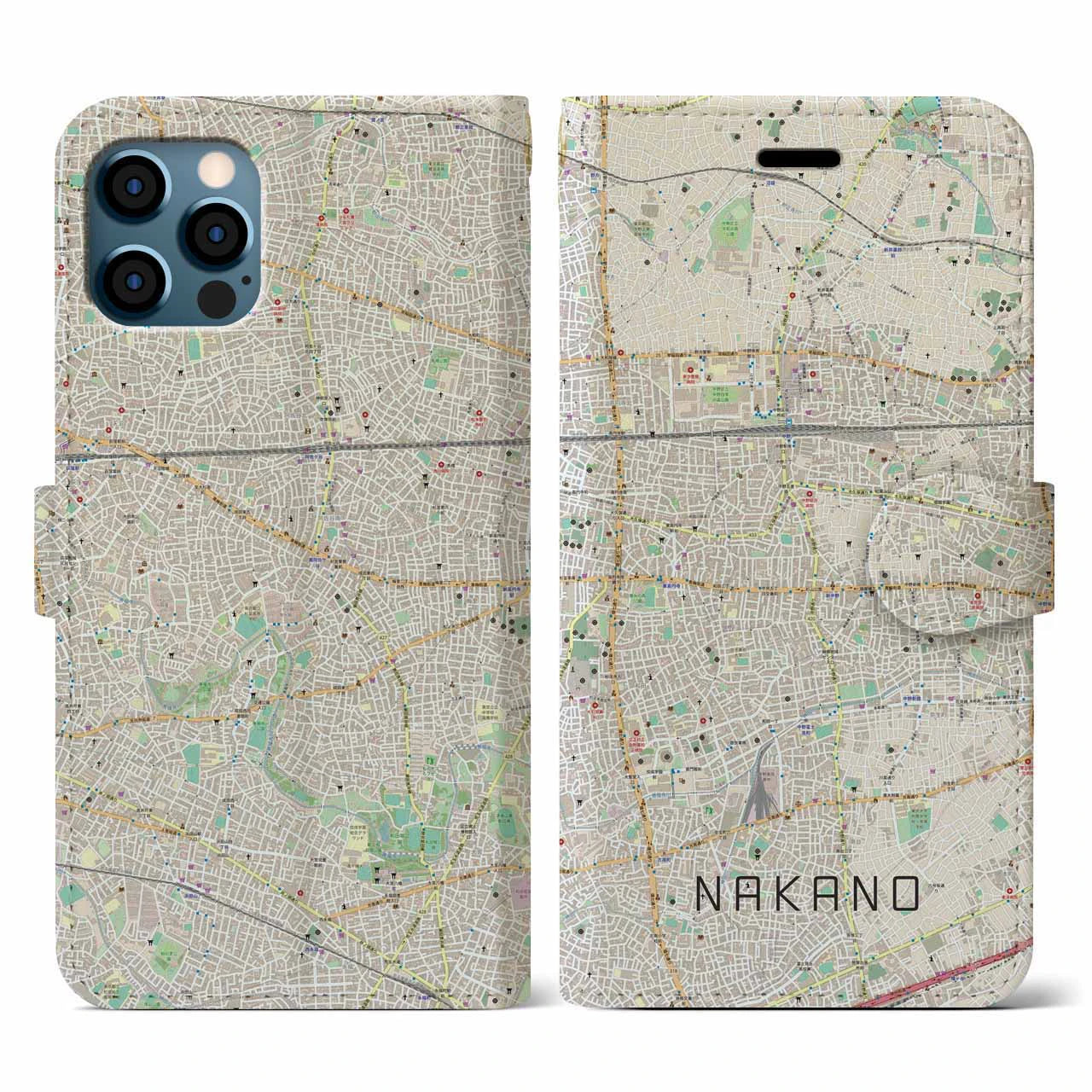 【中野(東京都)】地図柄iPhoneケース(手帳タイプ)ナチュラル・iPhone 12 / 12 Pro 用