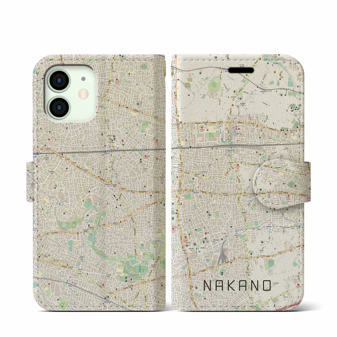 【中野(東京都)】地図柄iPhoneケース(手帳タイプ)ナチュラル・iPhone 12 mini 用