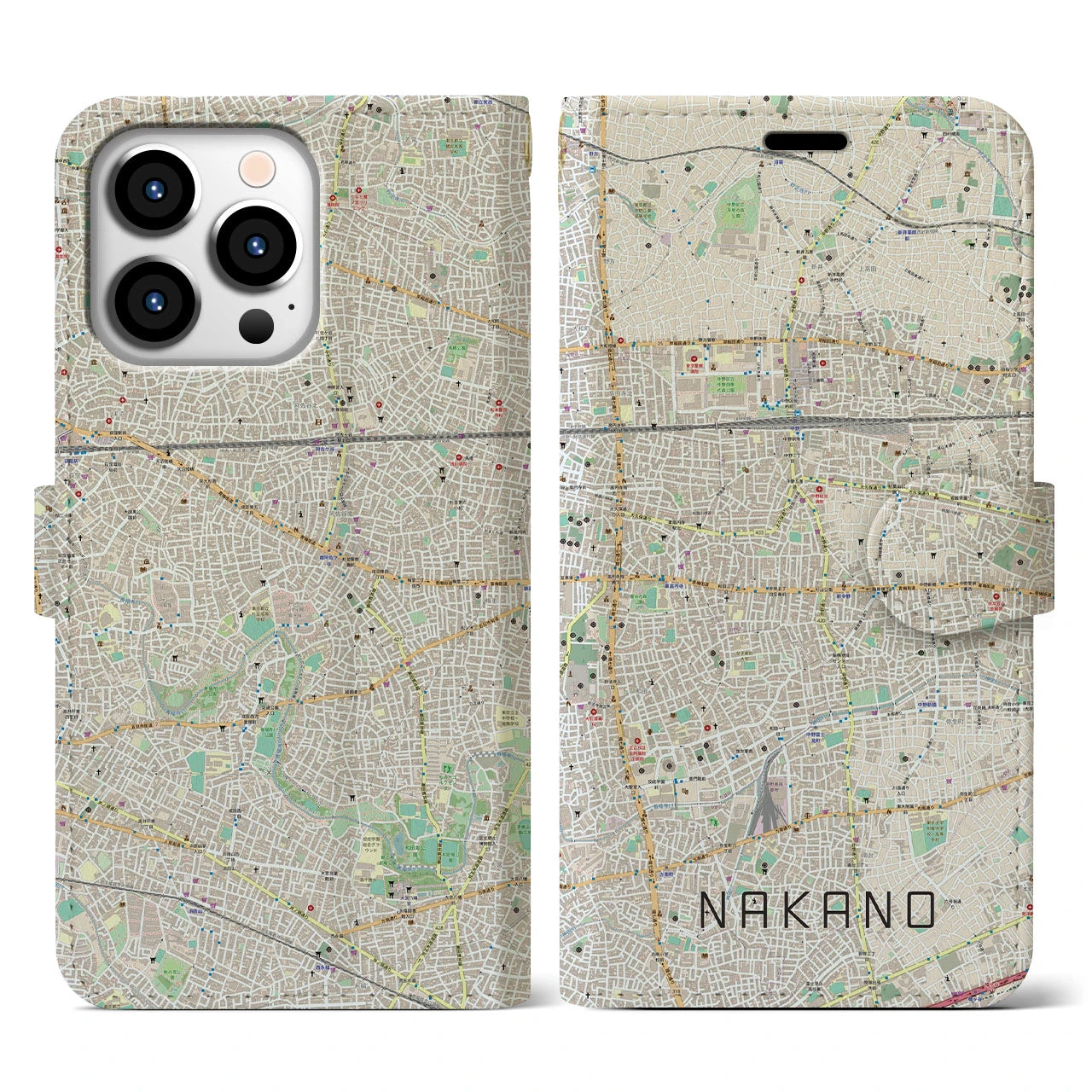 【中野(東京都)】地図柄iPhoneケース(手帳タイプ)ナチュラル・iPhone 13 Pro 用