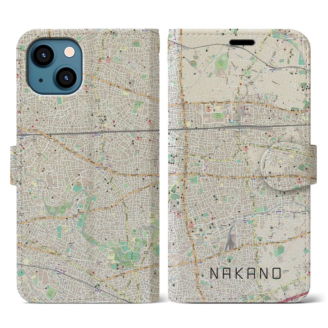 【中野(東京都)】地図柄iPhoneケース(手帳タイプ)ナチュラル・iPhone 13 用