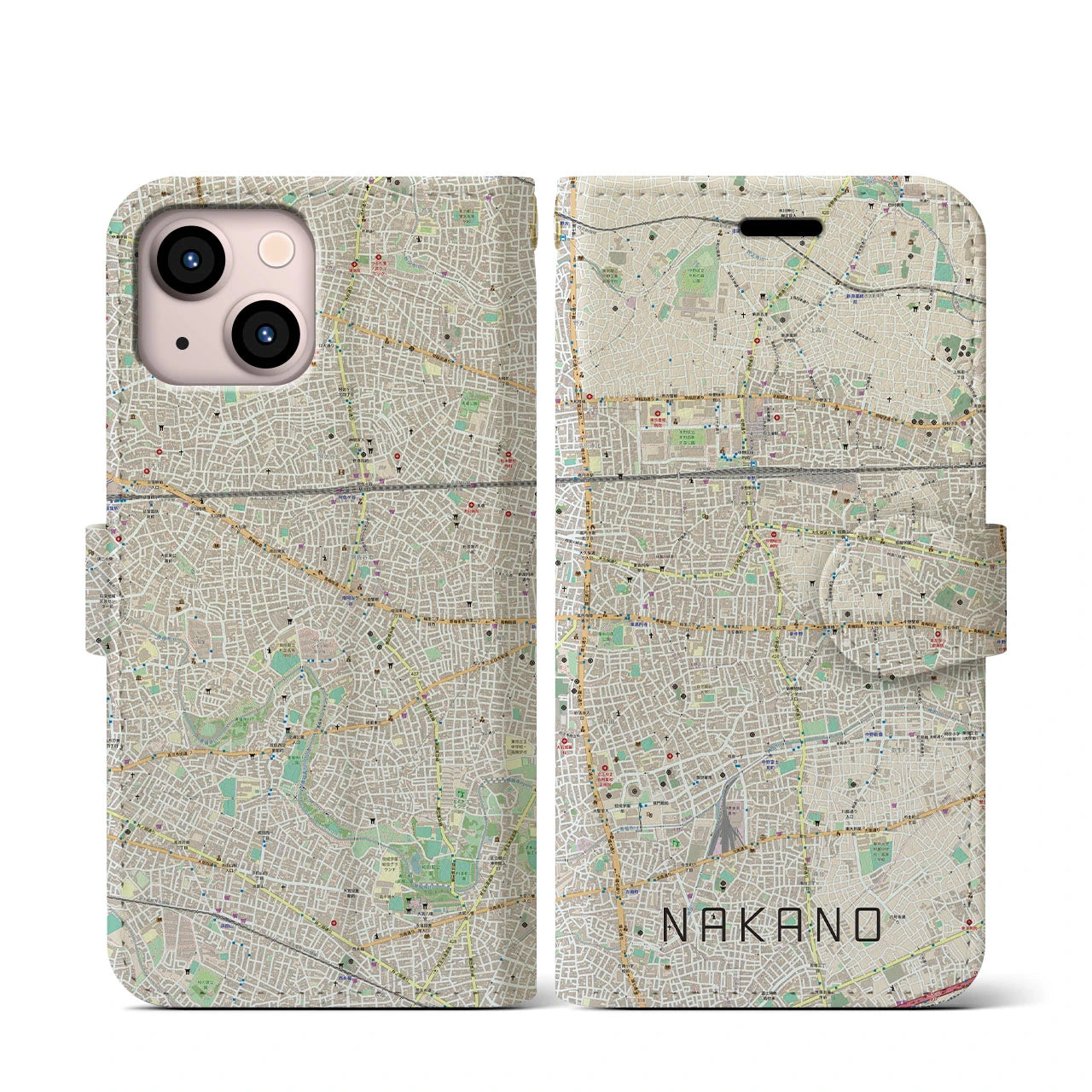 【中野(東京都)】地図柄iPhoneケース(手帳タイプ)ナチュラル・iPhone 13 mini 用