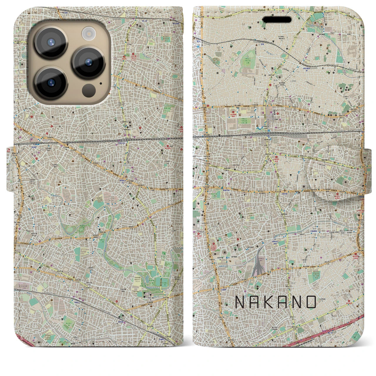 【中野(東京都)】地図柄iPhoneケース(手帳タイプ)ナチュラル・iPhone 14 Pro Max 用