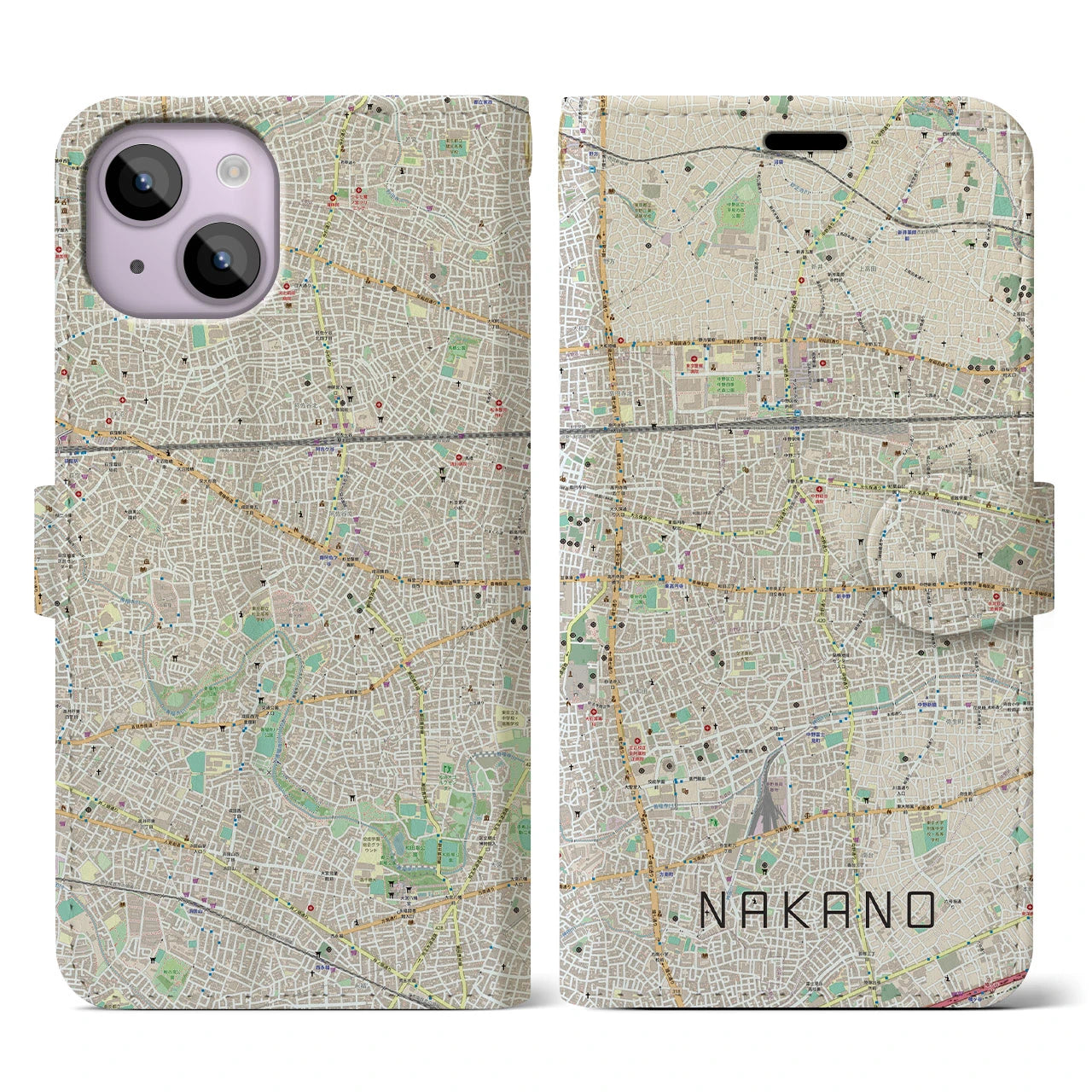 【中野(東京都)】地図柄iPhoneケース(手帳タイプ)ナチュラル・iPhone 14 用