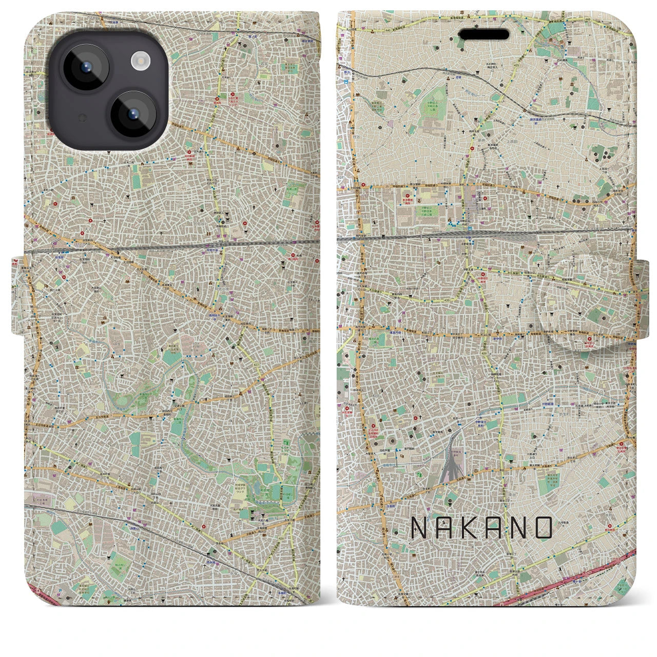 【中野(東京都)】地図柄iPhoneケース(手帳タイプ)ナチュラル・iPhone 14 Plus 用