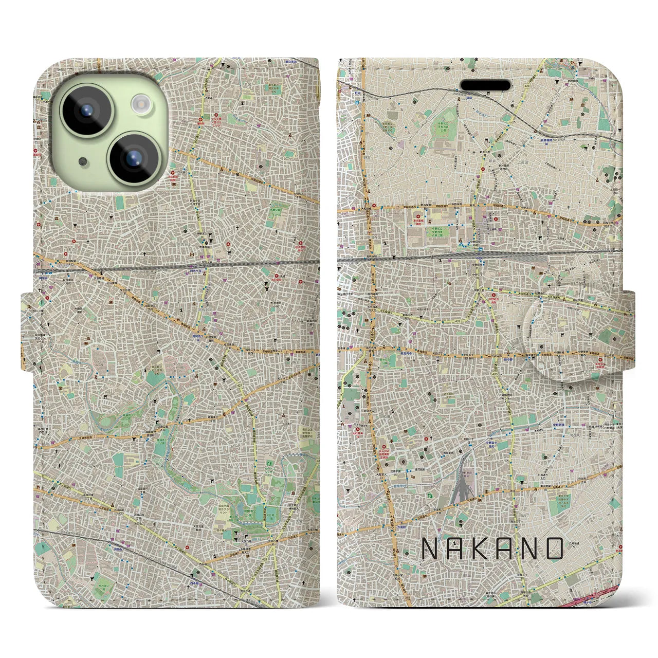 【中野(東京都)】地図柄iPhoneケース(手帳タイプ)ナチュラル・iPhone 15 用