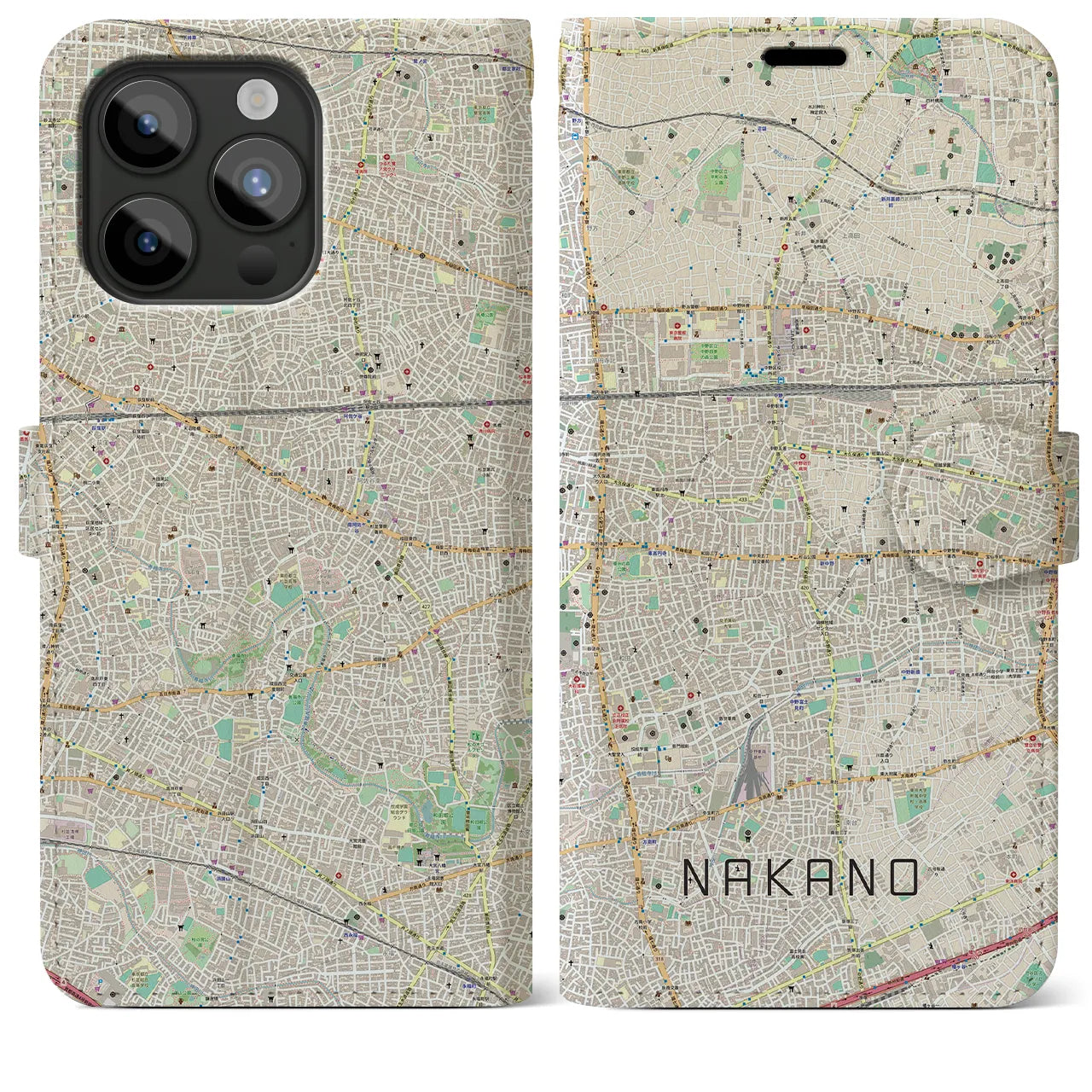 【中野(東京都)】地図柄iPhoneケース(手帳タイプ)ナチュラル・iPhone 15 Pro Max 用