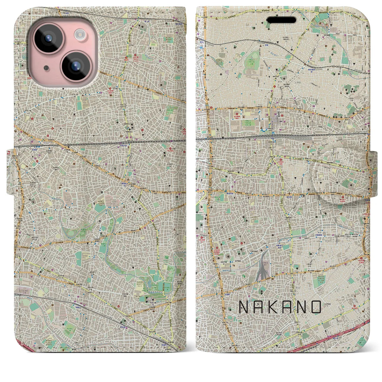【中野(東京都)】地図柄iPhoneケース(手帳タイプ)ナチュラル・iPhone 15 Plus 用