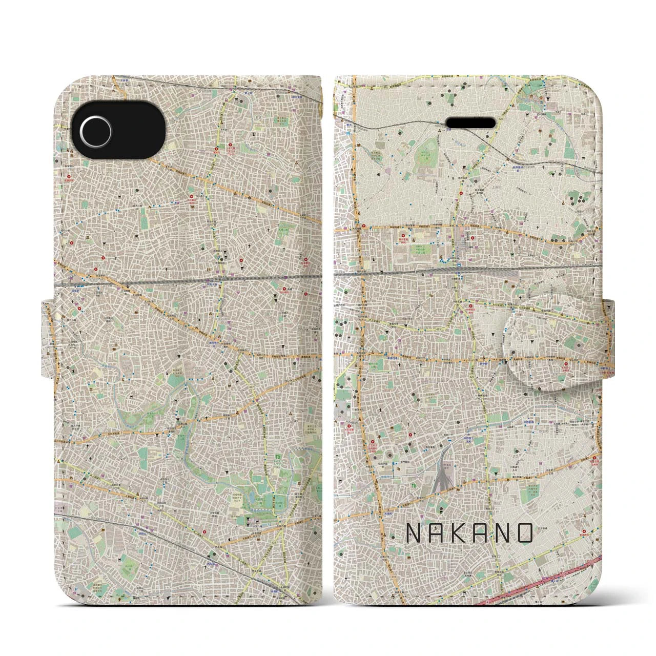 【中野(東京都)】地図柄iPhoneケース(手帳タイプ)ナチュラル・iPhone SE(第3 / 第2世代) / 8 / 7 / 6s / 6 用