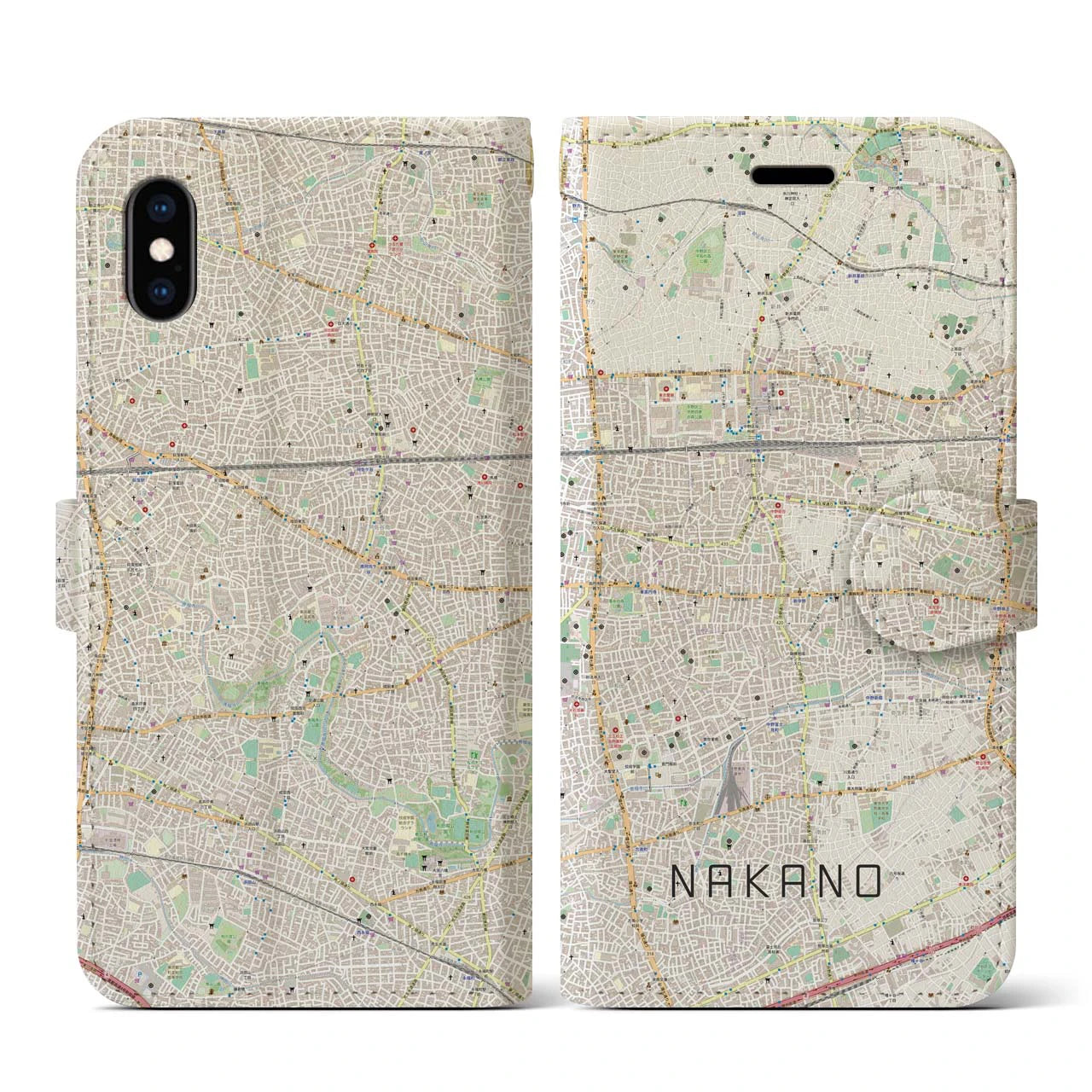 【中野(東京都)】地図柄iPhoneケース(手帳タイプ)ナチュラル・iPhone XS / X 用