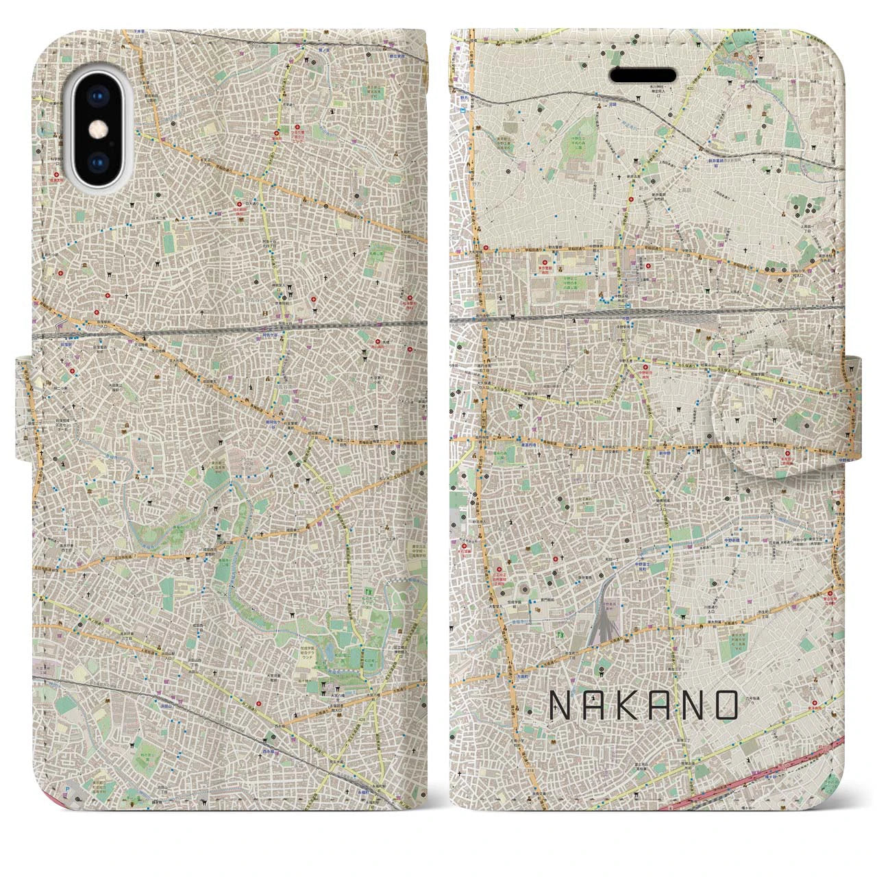 【中野(東京都)】地図柄iPhoneケース(手帳タイプ)ナチュラル・iPhone XS Max 用