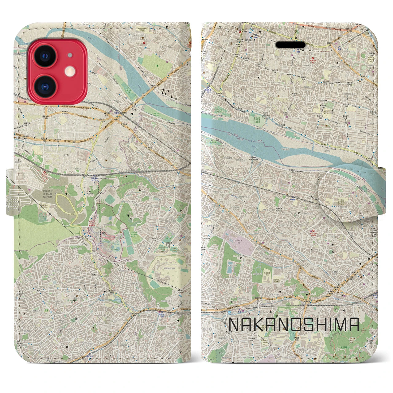 【中野島(神奈川県)】地図柄iPhoneケース(手帳タイプ)ナチュラル・iPhone 11 用