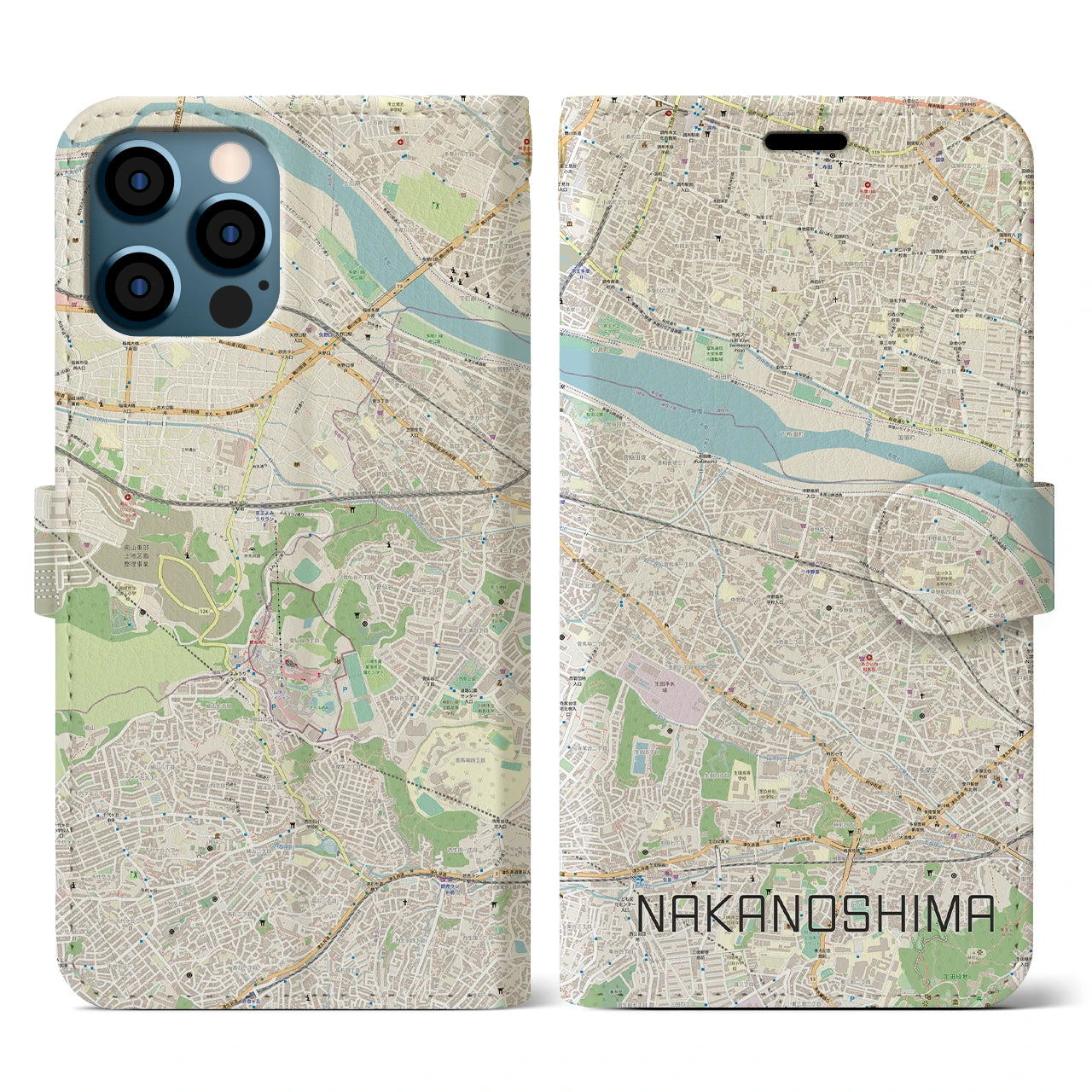【中野島(神奈川県)】地図柄iPhoneケース(手帳タイプ)ナチュラル・iPhone 12 / 12 Pro 用