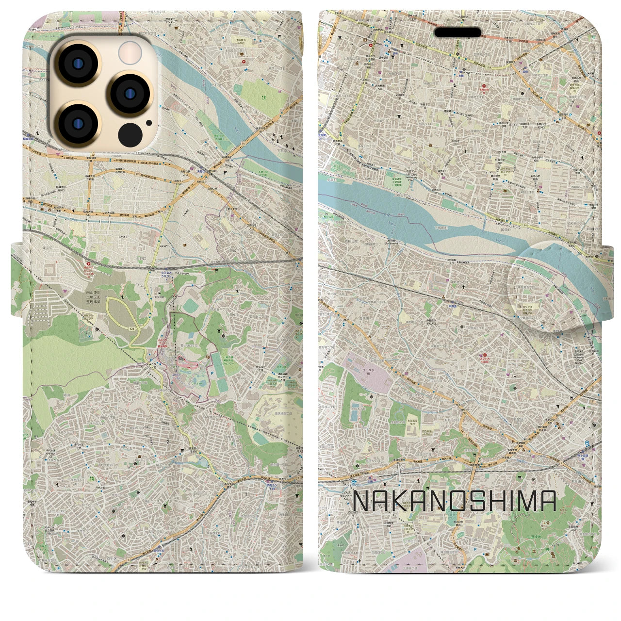 【中野島(神奈川県)】地図柄iPhoneケース(手帳タイプ)ナチュラル・iPhone 12 Pro Max 用