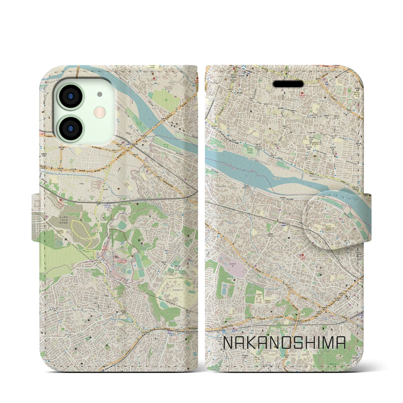 【中野島(神奈川県)】地図柄iPhoneケース(手帳タイプ)ナチュラル・iPhone 12 mini 用