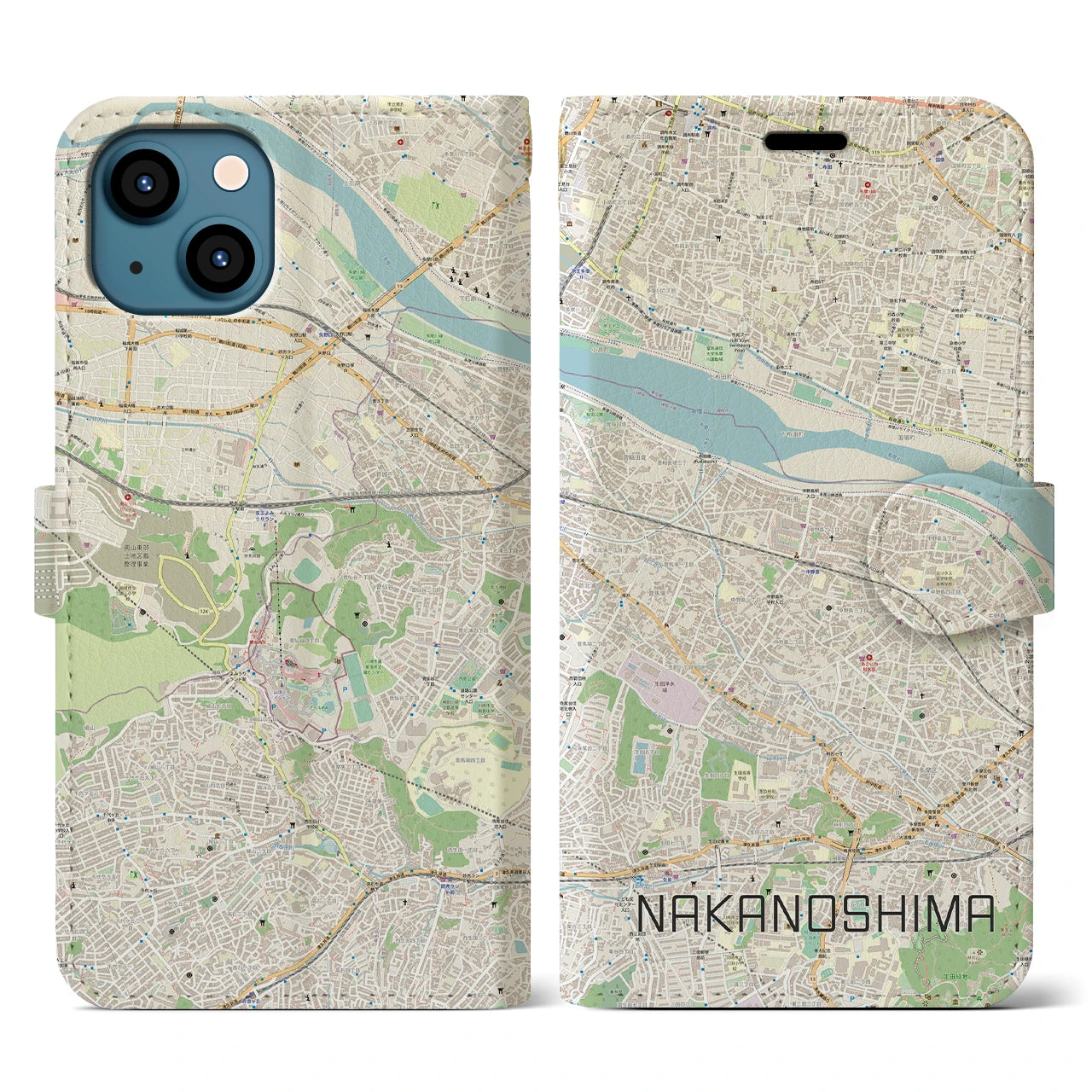 【中野島(神奈川県)】地図柄iPhoneケース(手帳タイプ)ナチュラル・iPhone 13 用