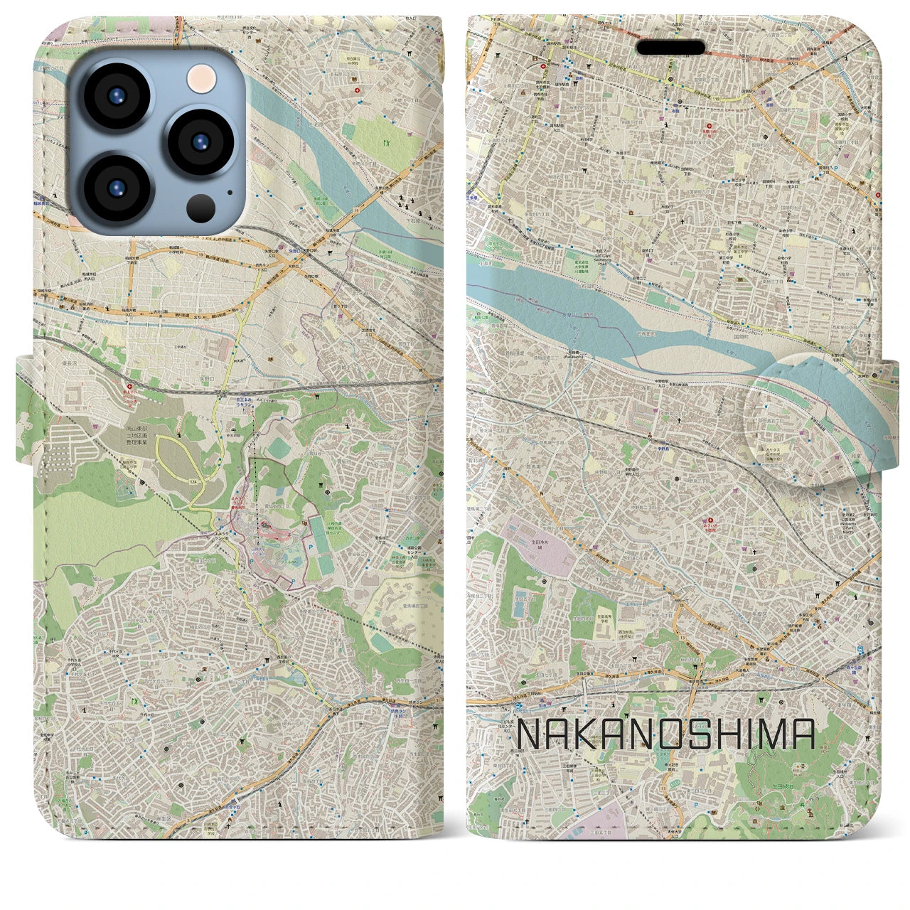 【中野島(神奈川県)】地図柄iPhoneケース(手帳タイプ)ナチュラル・iPhone 13 Pro Max 用