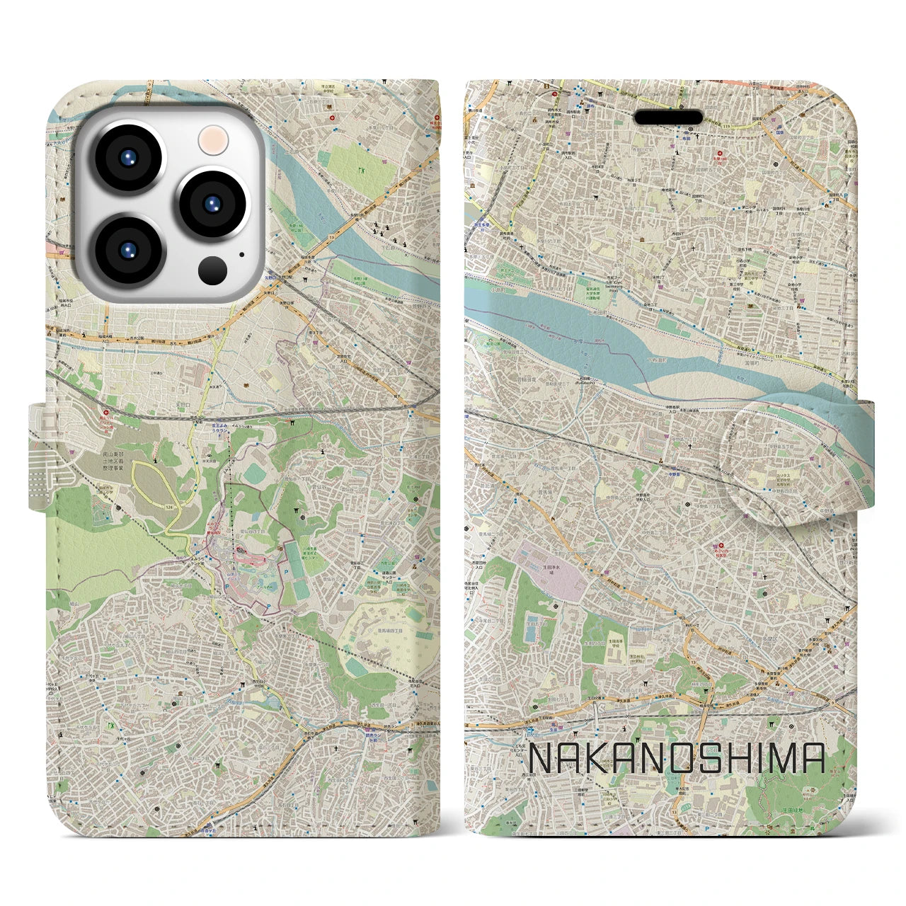 【中野島(神奈川県)】地図柄iPhoneケース(手帳タイプ)ナチュラル・iPhone 13 Pro 用
