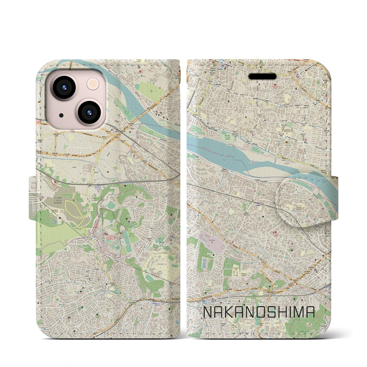 【中野島(神奈川県)】地図柄iPhoneケース(手帳タイプ)ナチュラル・iPhone 13 mini 用