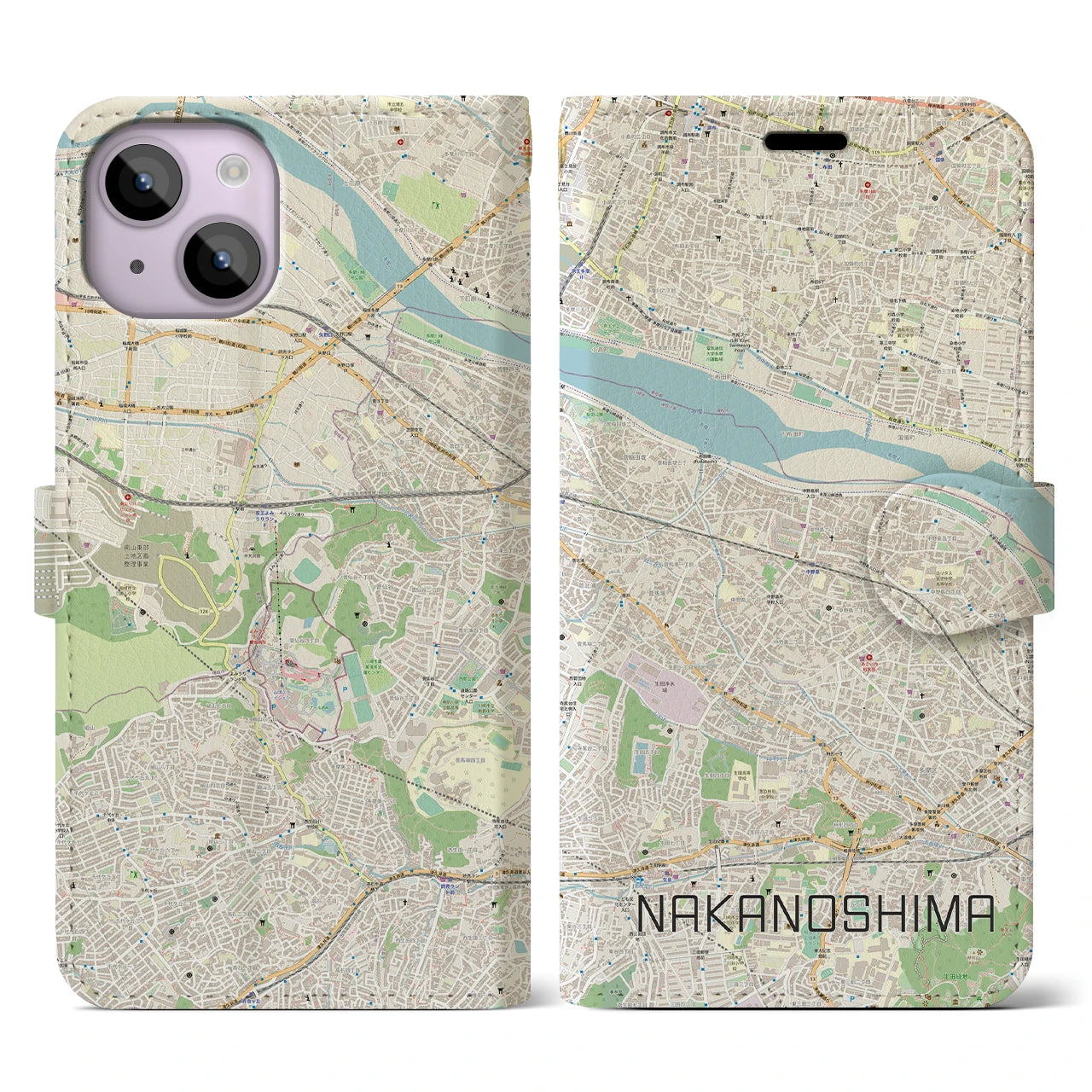【中野島(神奈川県)】地図柄iPhoneケース(手帳タイプ)ナチュラル・iPhone 14 用