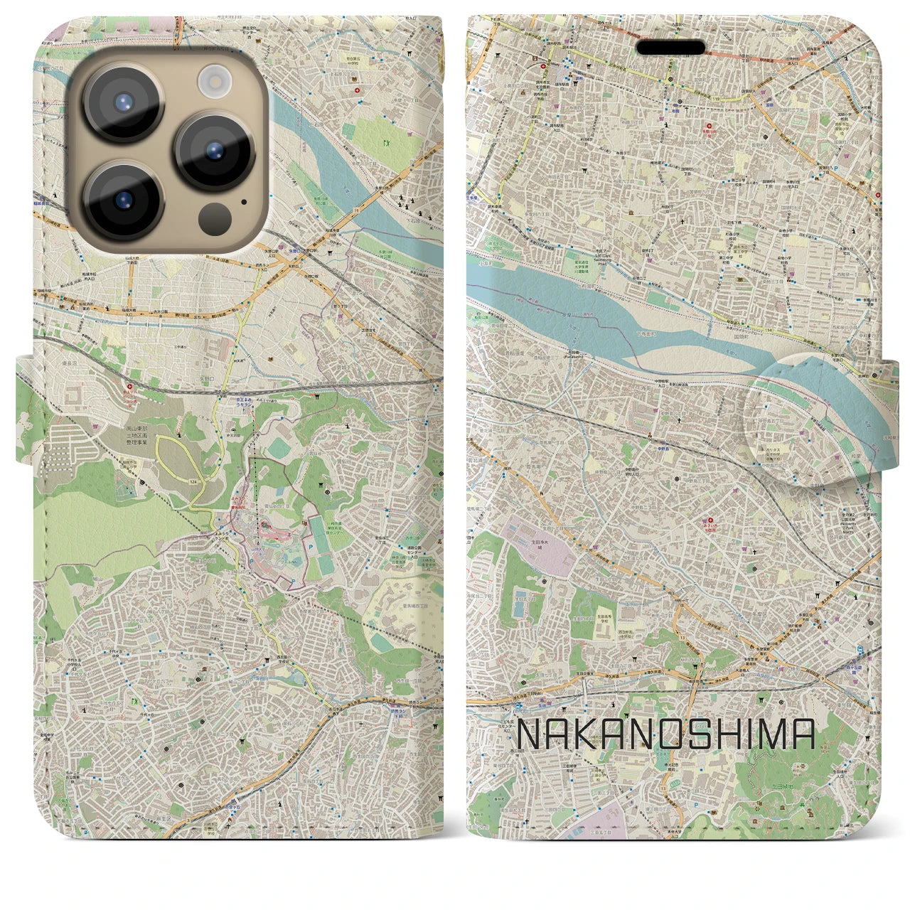 【中野島(神奈川県)】地図柄iPhoneケース(手帳タイプ)ナチュラル・iPhone 14 Pro Max 用