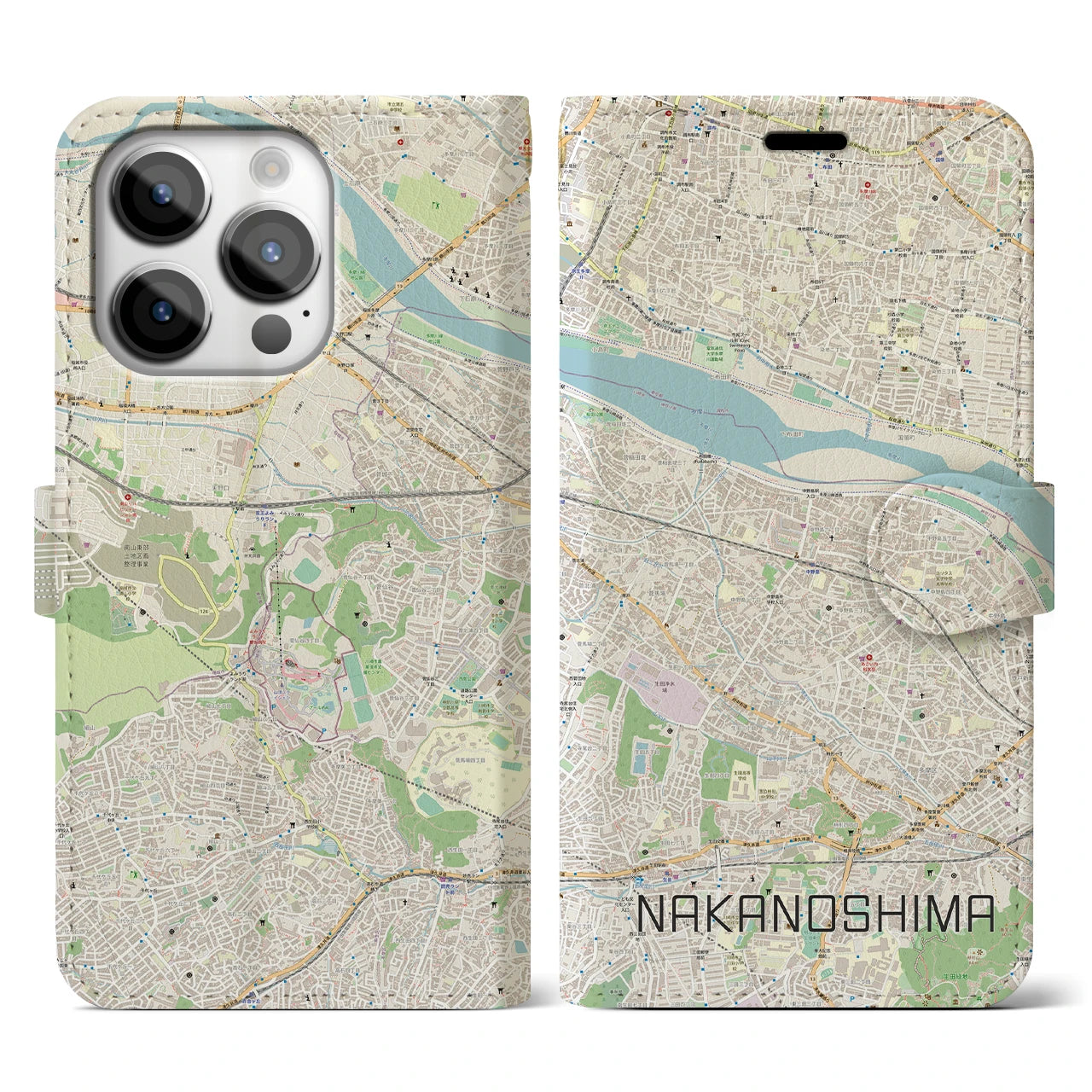 【中野島(神奈川県)】地図柄iPhoneケース(手帳タイプ)ナチュラル・iPhone 14 Pro 用