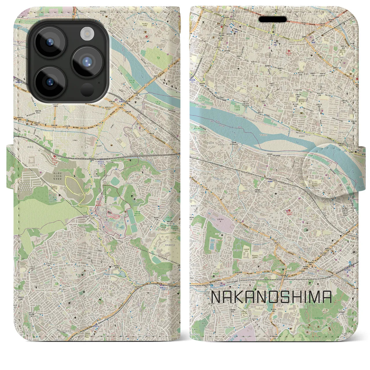 【中野島(神奈川県)】地図柄iPhoneケース(手帳タイプ)ナチュラル・iPhone 15 Pro Max 用