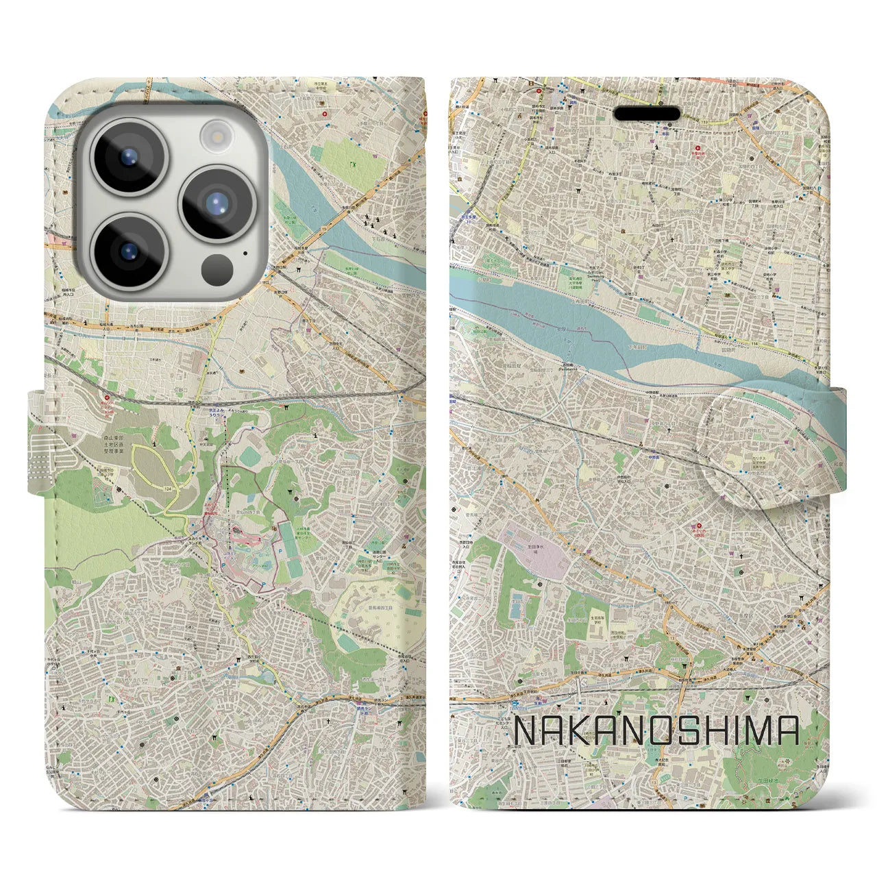 【中野島(神奈川県)】地図柄iPhoneケース(手帳タイプ)ナチュラル・iPhone 15 Pro 用