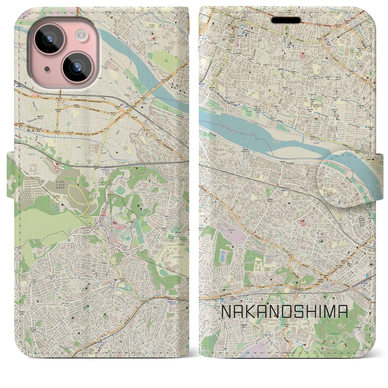 【中野島(神奈川県)】地図柄iPhoneケース(手帳タイプ)ナチュラル・iPhone 15 Plus 用