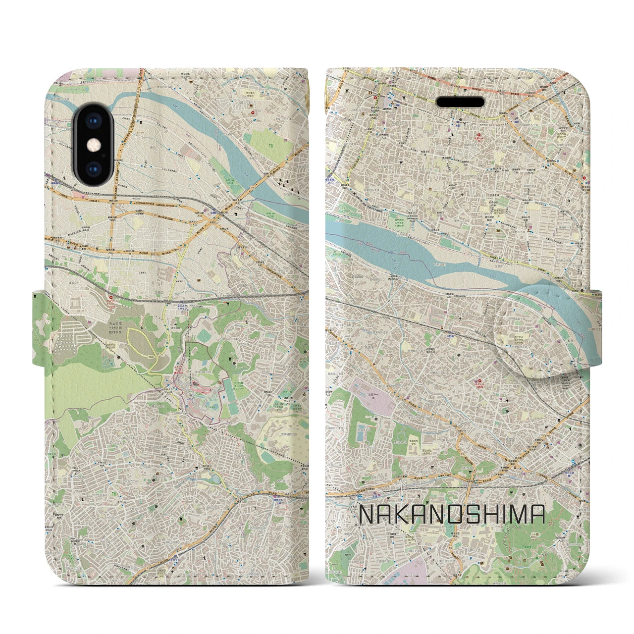 【中野島(神奈川県)】地図柄iPhoneケース(手帳タイプ)ナチュラル・iPhone XS / X 用