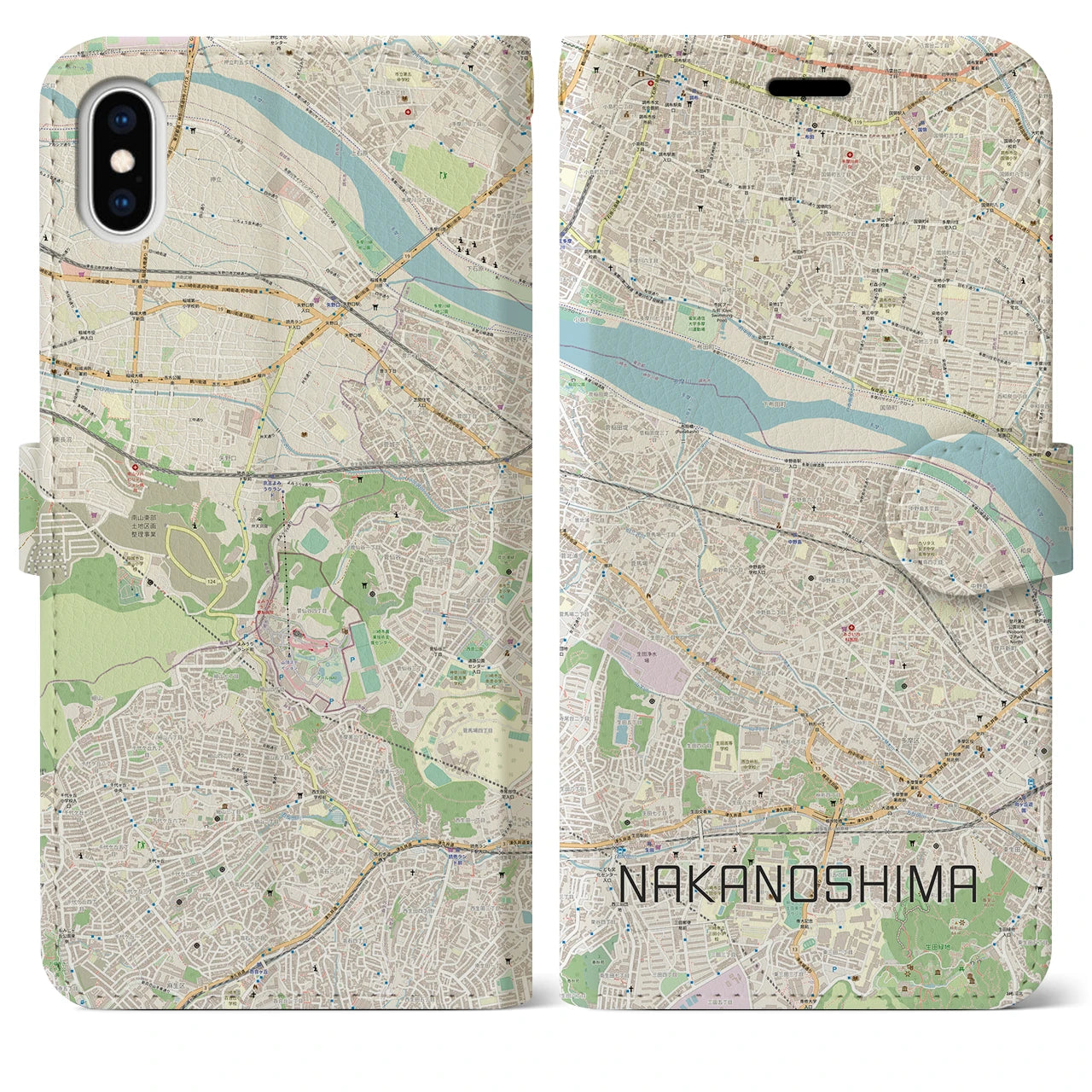 【中野島(神奈川県)】地図柄iPhoneケース(手帳タイプ)ナチュラル・iPhone XS Max 用