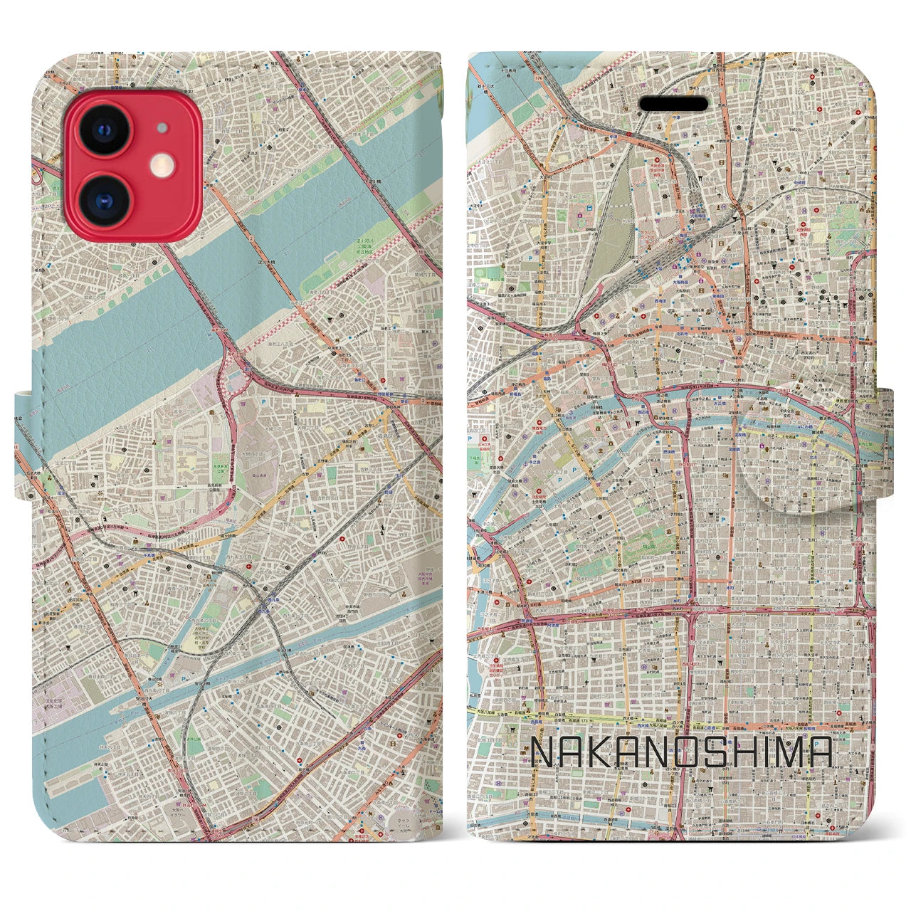 【中之島(大阪府)】地図柄iPhoneケース(手帳タイプ)ナチュラル・iPhone 11 用