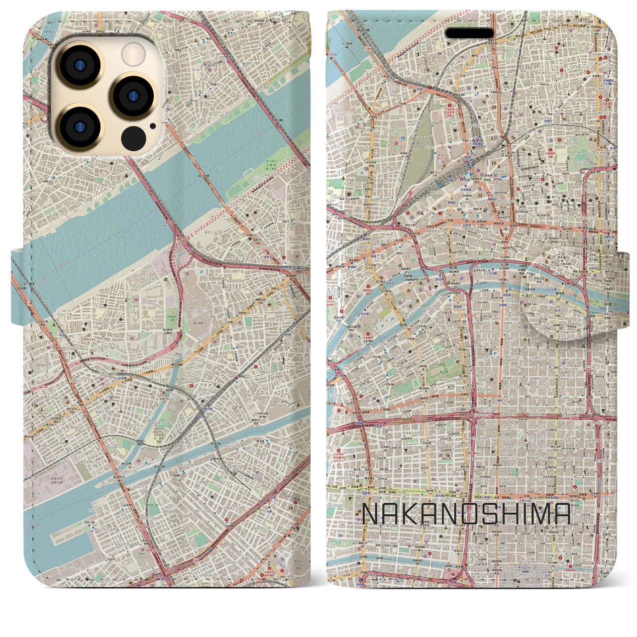 【中之島(大阪府)】地図柄iPhoneケース(手帳タイプ)ナチュラル・iPhone 12 Pro Max 用