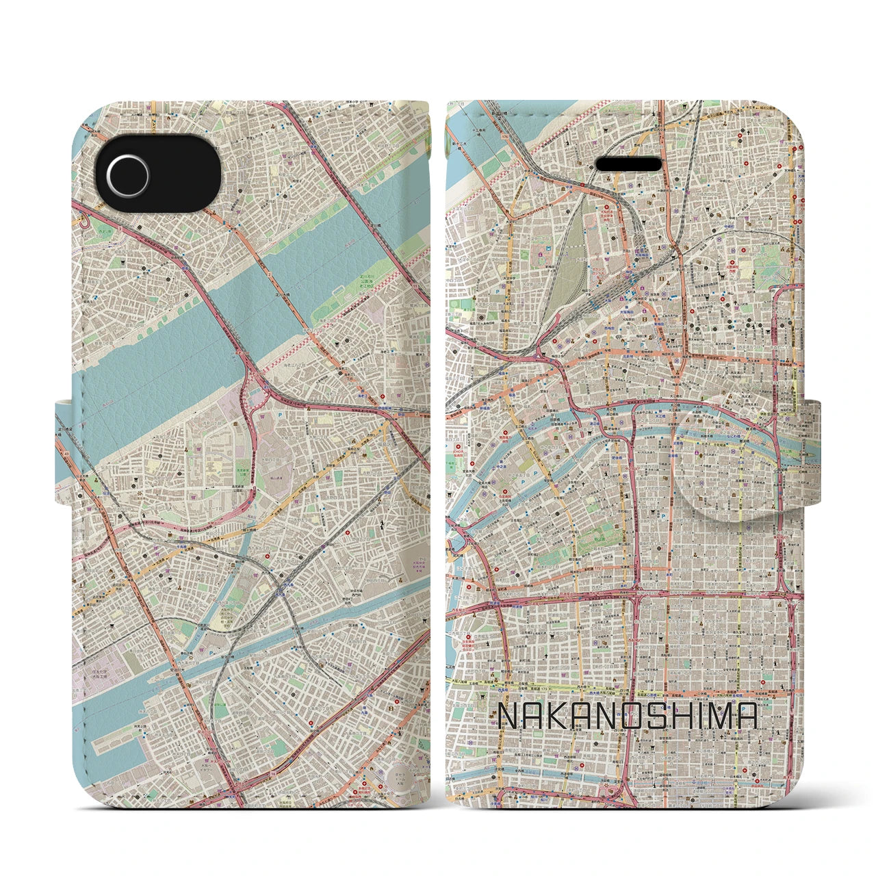 【中之島(大阪府)】地図柄iPhoneケース(手帳タイプ)ナチュラル・iPhone SE(第3 / 第2世代) / 8 / 7 / 6s / 6 用