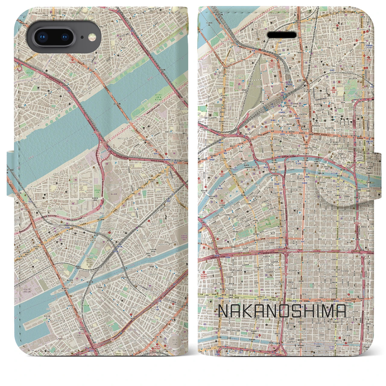 【中之島(大阪府)】地図柄iPhoneケース(手帳タイプ)ナチュラル・iPhone 8Plus /7Plus / 6sPlus / 6Plus 用