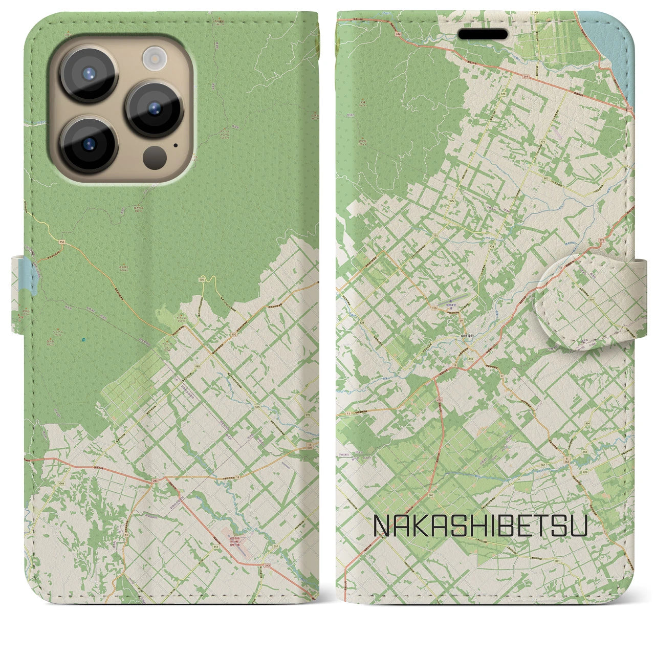 【中標津(北海道)】地図柄iPhoneケース(手帳タイプ)ナチュラル・iPhone 14 Pro Max 用