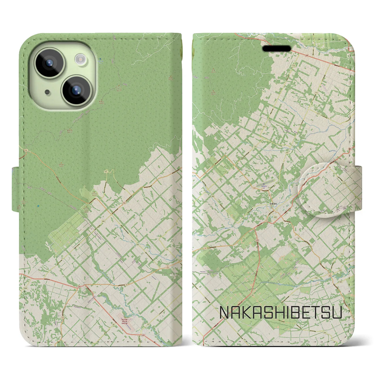 【中標津(北海道)】地図柄iPhoneケース(手帳タイプ)ナチュラル・iPhone 15 用