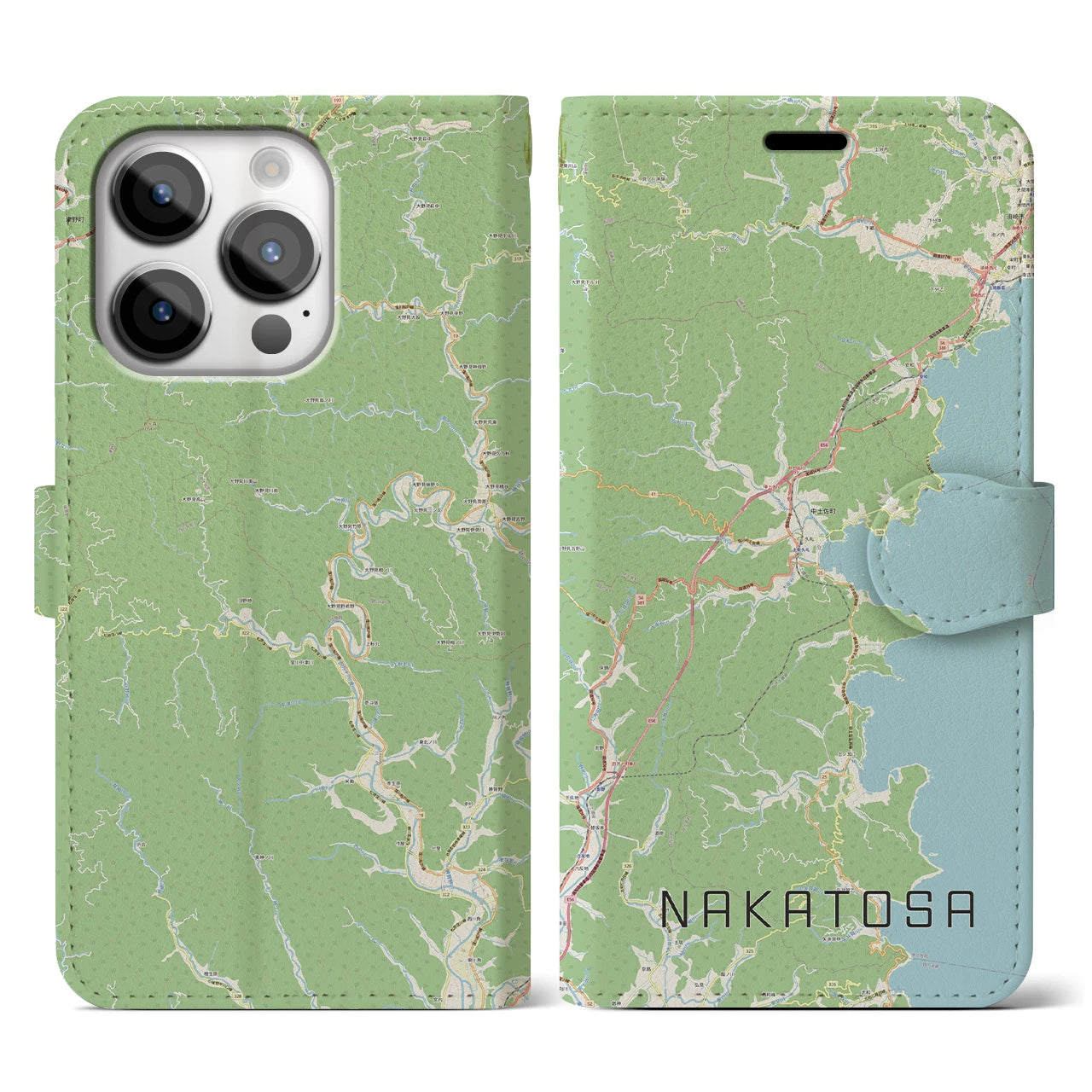 【中土佐(高知県)】地図柄iPhoneケース(手帳タイプ)ナチュラル・iPhone 14 Pro 用