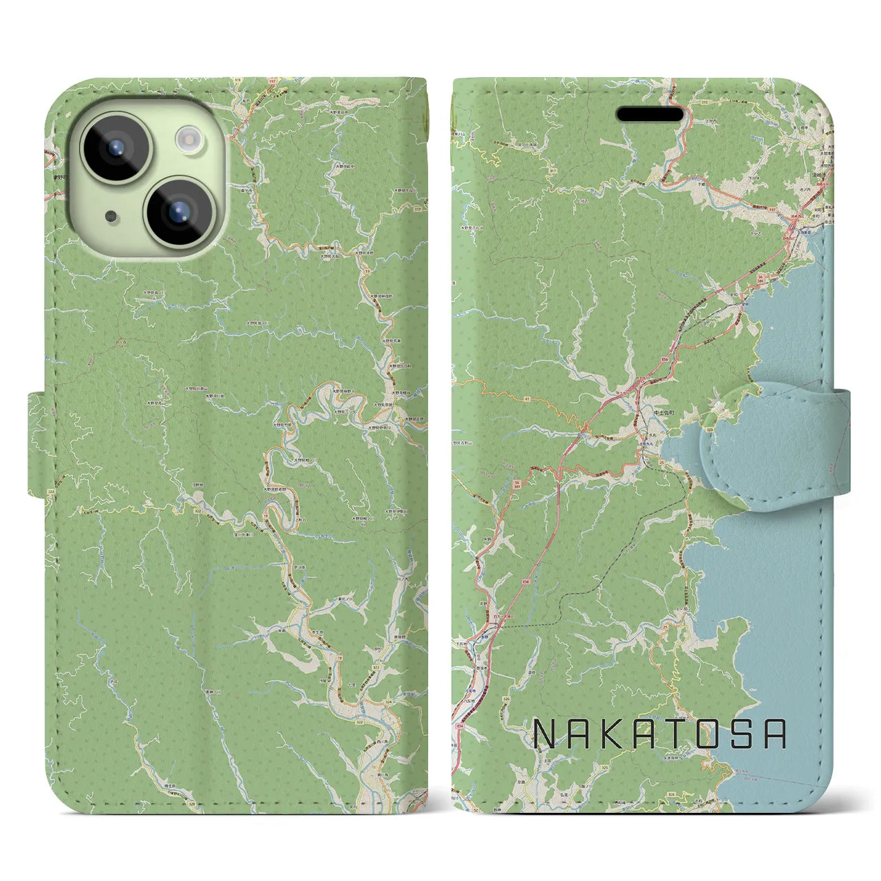 【中土佐(高知県)】地図柄iPhoneケース(手帳タイプ)ナチュラル・iPhone 15 用