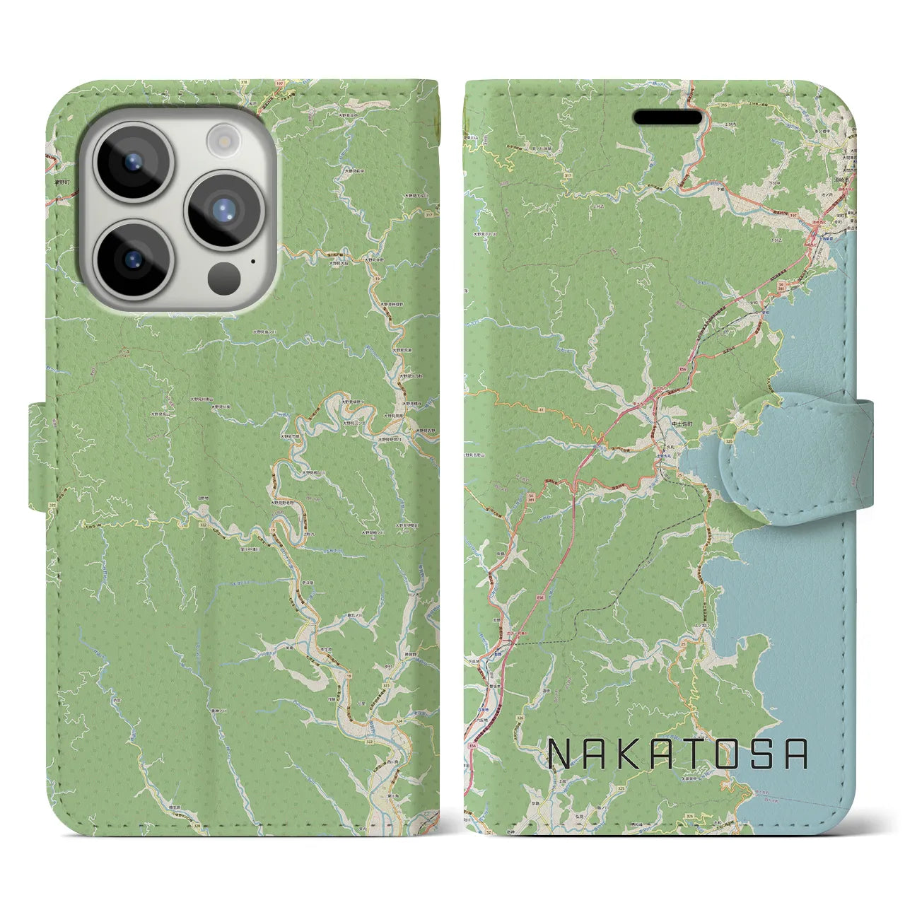 【中土佐(高知県)】地図柄iPhoneケース(手帳タイプ)ナチュラル・iPhone 15 Pro 用