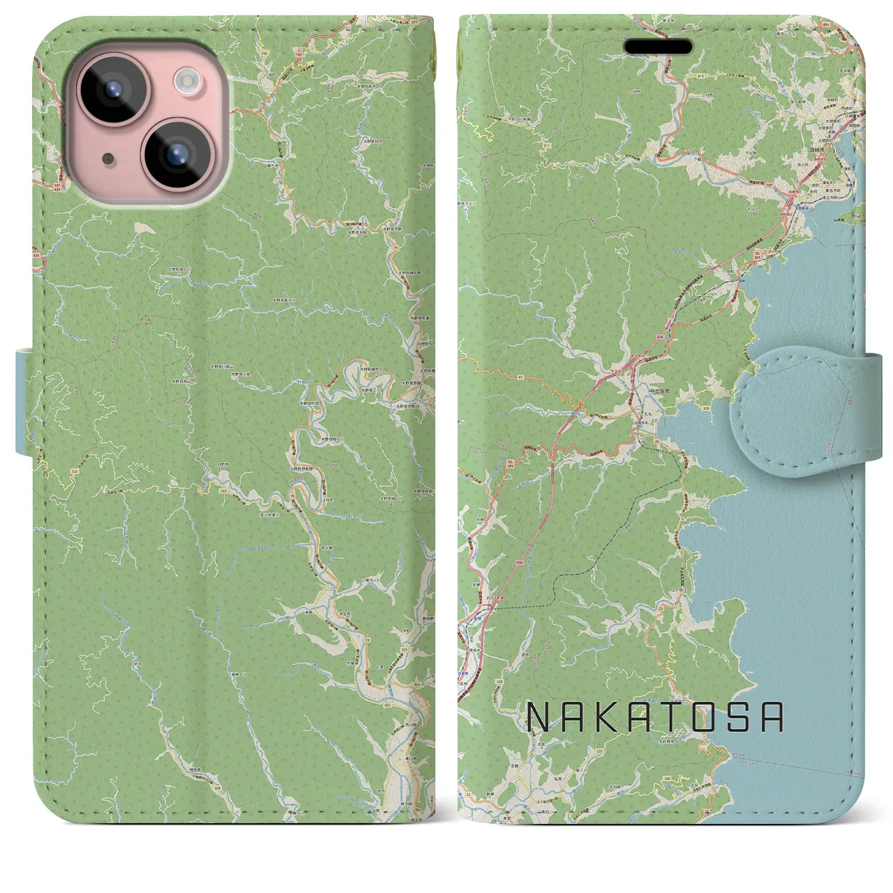 【中土佐(高知県)】地図柄iPhoneケース(手帳タイプ)ナチュラル・iPhone 15 Plus 用