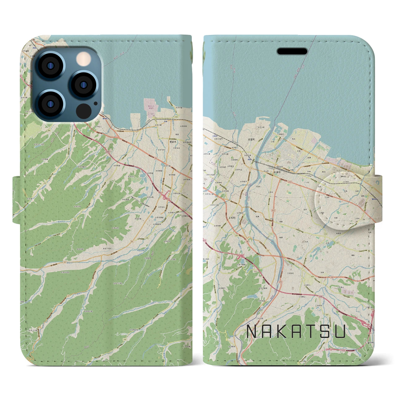 【中津(大分県)】地図柄iPhoneケース(手帳タイプ)ナチュラル・iPhone 12 / 12 Pro 用