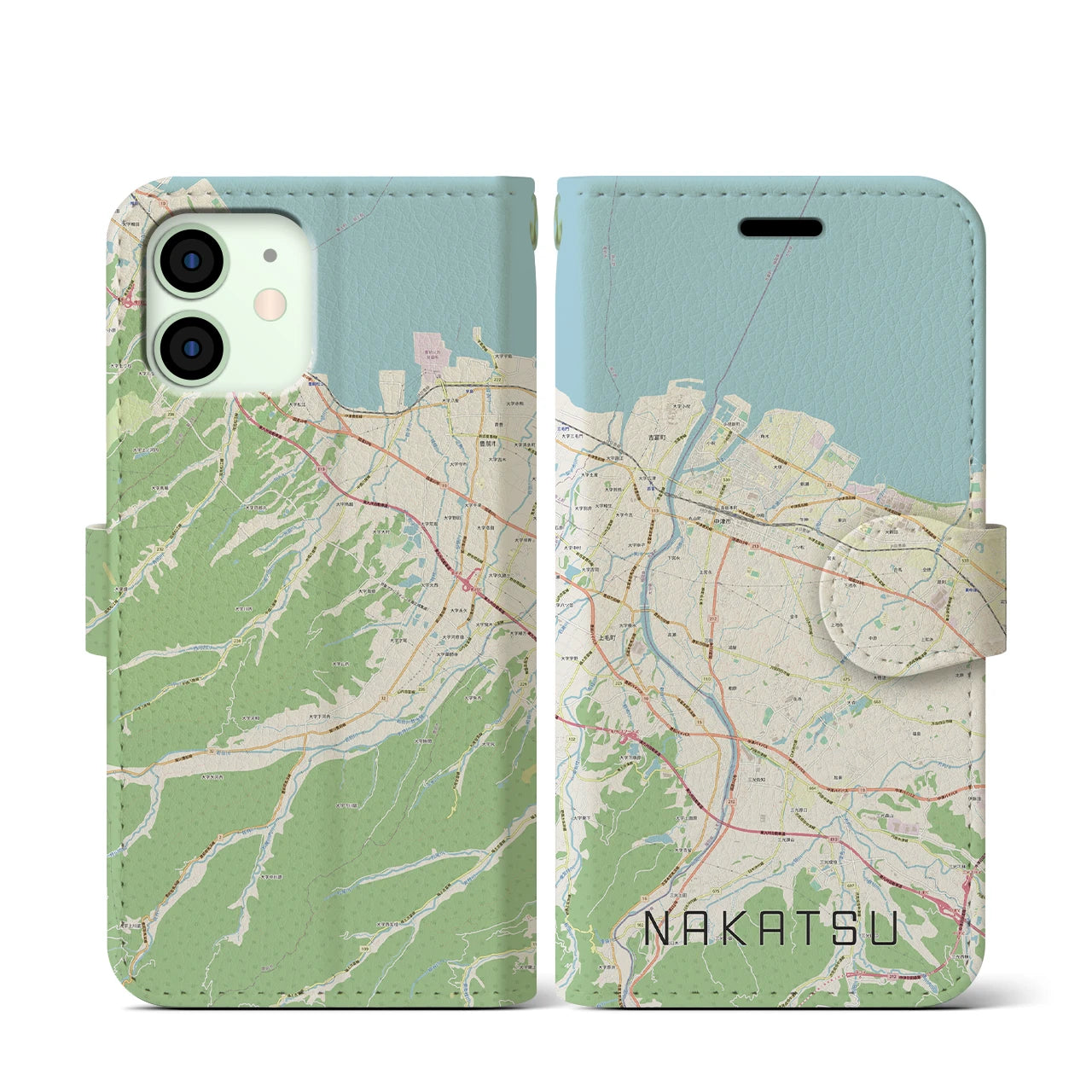 【中津(大分県)】地図柄iPhoneケース(手帳タイプ)ナチュラル・iPhone 12 mini 用