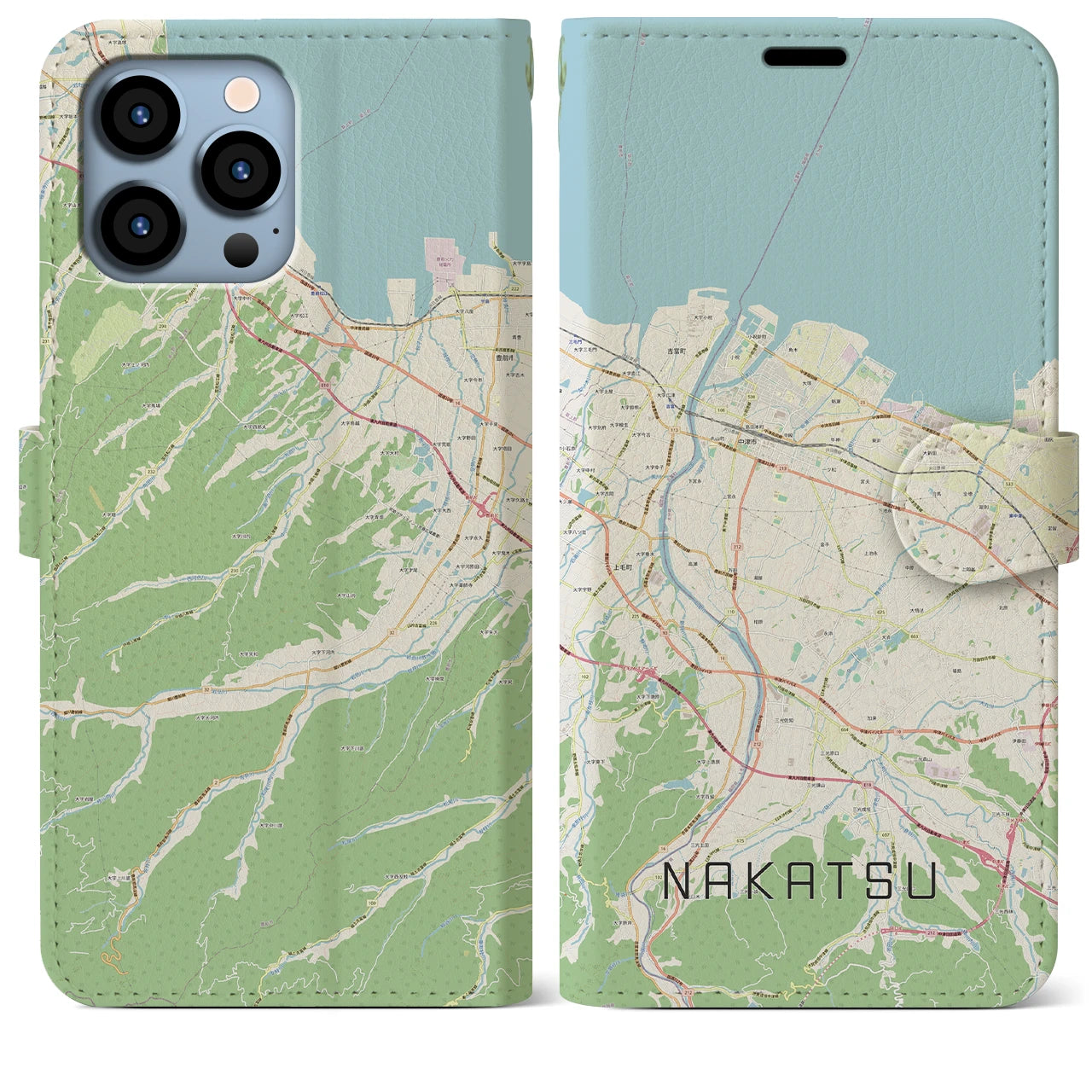【中津(大分県)】地図柄iPhoneケース(手帳タイプ)ナチュラル・iPhone 13 Pro Max 用