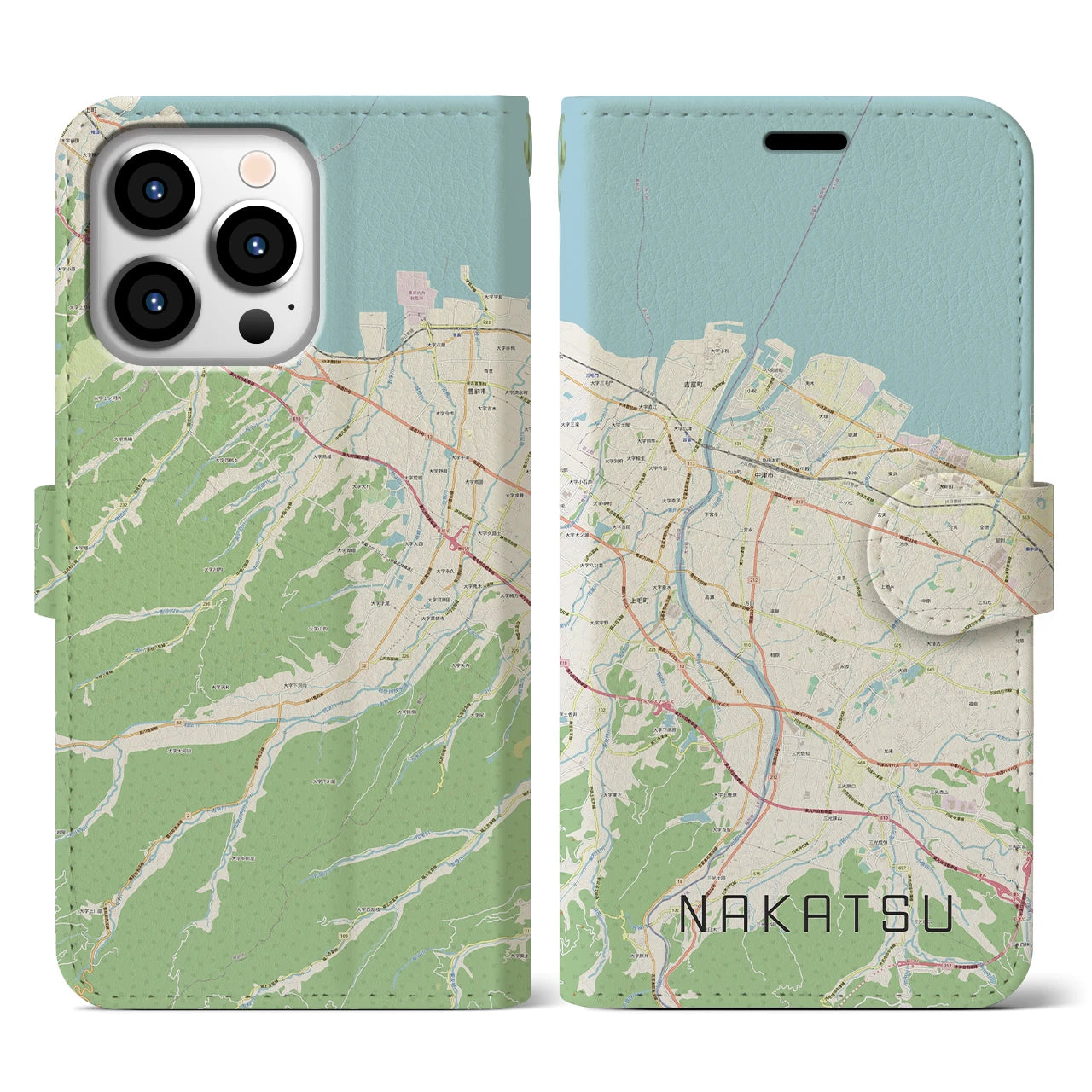 【中津(大分県)】地図柄iPhoneケース(手帳タイプ)ナチュラル・iPhone 13 Pro 用