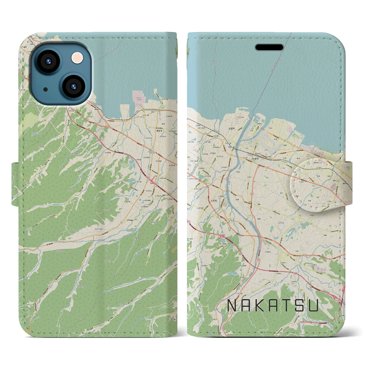 【中津(大分県)】地図柄iPhoneケース(手帳タイプ)ナチュラル・iPhone 13 用