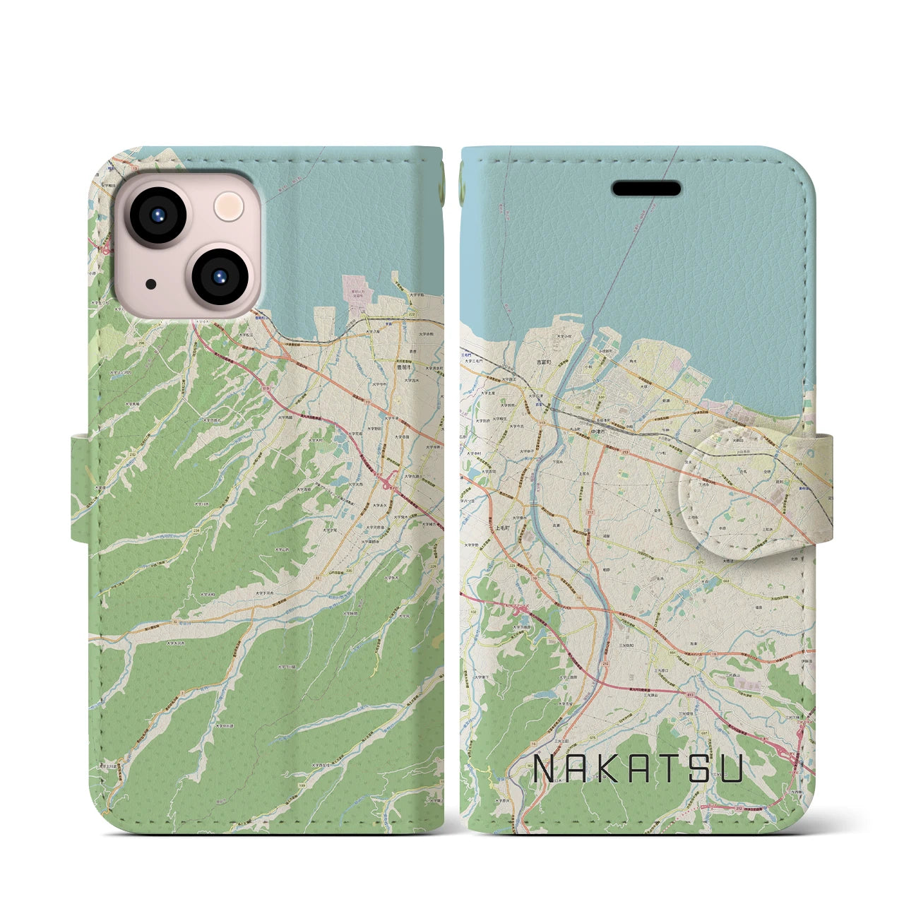 【中津(大分県)】地図柄iPhoneケース(手帳タイプ)ナチュラル・iPhone 13 mini 用
